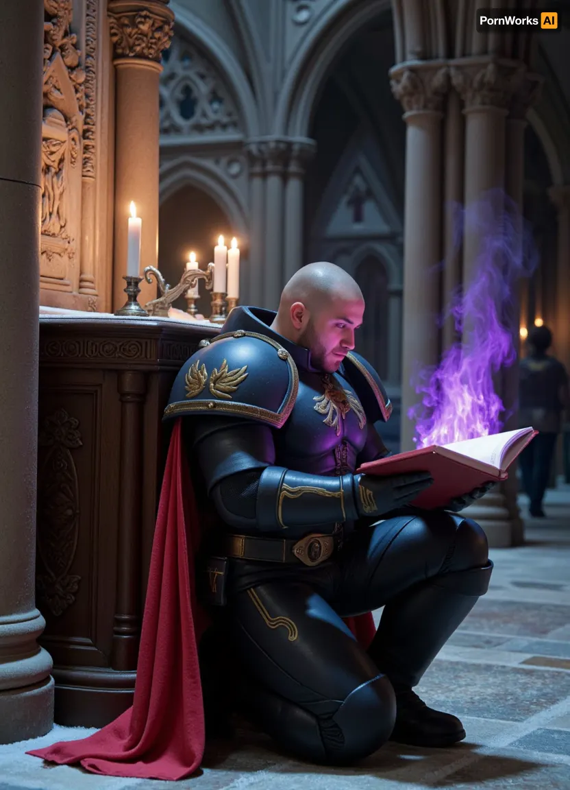 Gothic mood, Warhammer 40k, male space marine librarian reads forbidden magic tome by candlelight, kneeling in vast Gothic cathedral besides dark altar, wearing massive power armor with red cape, the forbidden tome burns with violet fire, the floor and walls are covered with frost, grim dark mood