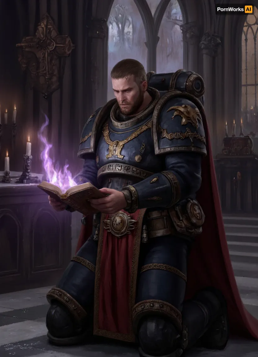Gothic mood, Warhammer 40k, male space marine librarian reads forbidden magic tome by candlelight, bearded face is covered in scars, kneeling in vast Gothic cathedral near dark altar, wearing massive power armor with red cape, the forbidden tome burns with violet fire, the floor and walls are covered with frost, grim dark mood, photorealistic, masterpiece, 8k, adeptusastartes, <lora:adeptusastartes:.8>