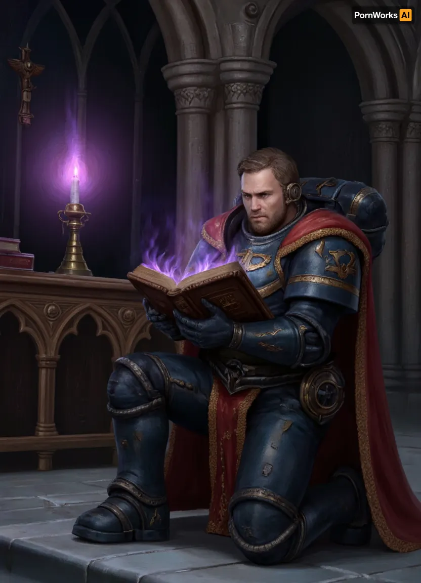 Gothic mood, Warhammer 40k, male space marine librarian reads forbidden magic tome by candlelight, bearded face is covered in scars, kneeling in vast Gothic cathedral near dark altar, wearing massive power armor with red cape, the forbidden tome burns with violet fire, the floor and walls are covered with frost, grim dark mood, adeptusastartes, <lora:adeptusastartes:.8>