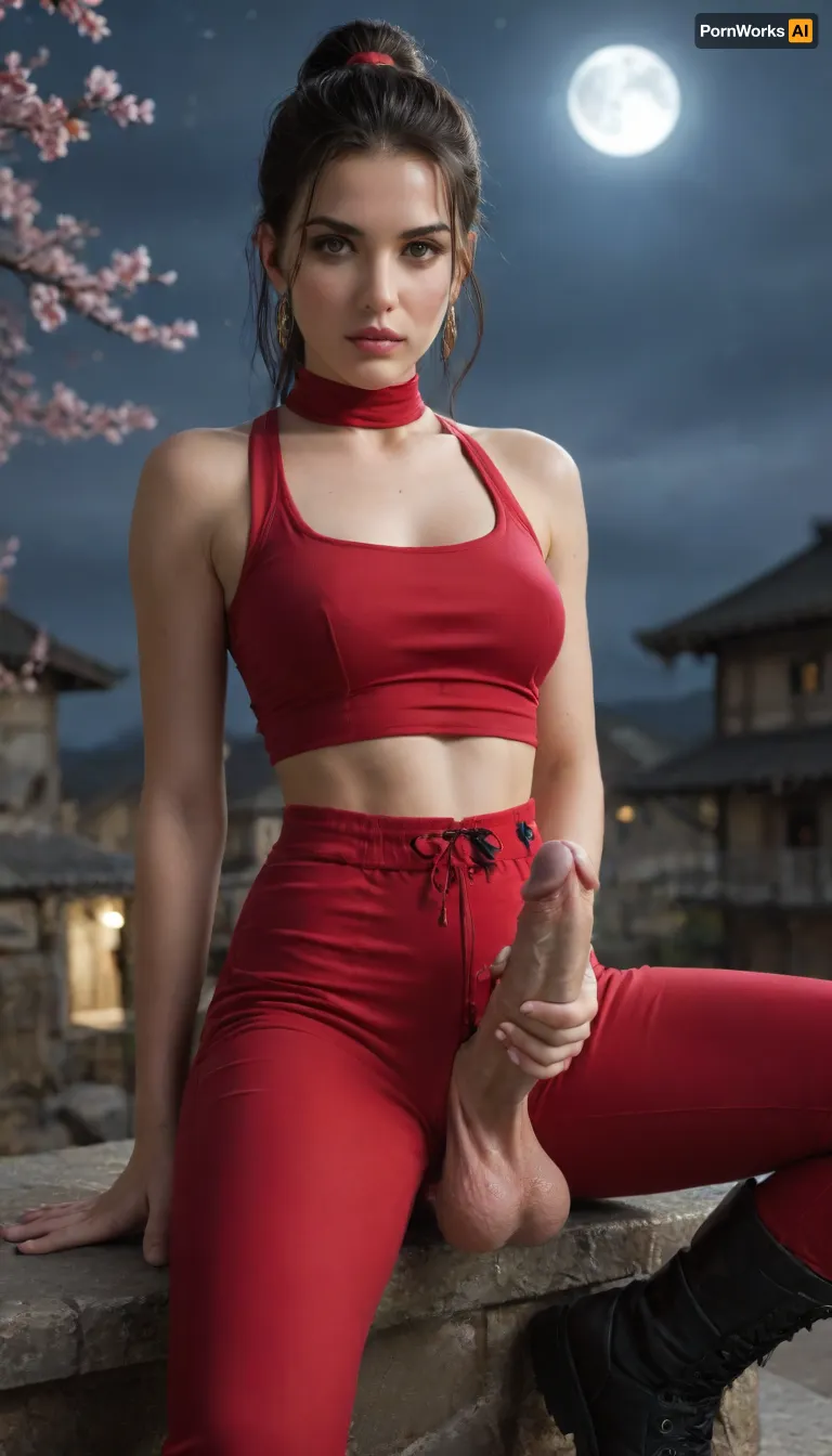 score_9, score_8_up, score_7_up, RAW photo of 1girl, anime-style illustration of a young woman inspired by Rei from Ninja Gaiden, (1988), faithfully reimagined in her canonical kunoichi assassin design. She has long, raven-black hair tied in a high ponytail, sharp, crimson-red eyes, and a fierce, focused expression. Her detailed face features flawless, pale skin, delicate yet strong features, and deep, scarlet lips. The detailed eyes burn with intensity and determination.
She wears her iconic form-fitting black-and-red ninja outfit, including a cropped top, tight leather pants, and shinobi tabi boots, crouched on a rooftop in the dead of night. The background reveals a full moon casting shadows, cherry blossoms drifting in the wind, and the silhouette of a rival ninja clan lurking below, a seductive, deadly tribute to the classic NES kunoichi, blending lethal grace with retro ninja mystique, (cowboy shot), (half body view), (upper body view), futanari, mastrubation, erect penis, hard penis, sagging testicles, veiny cock, leaking precum, throbbing cock