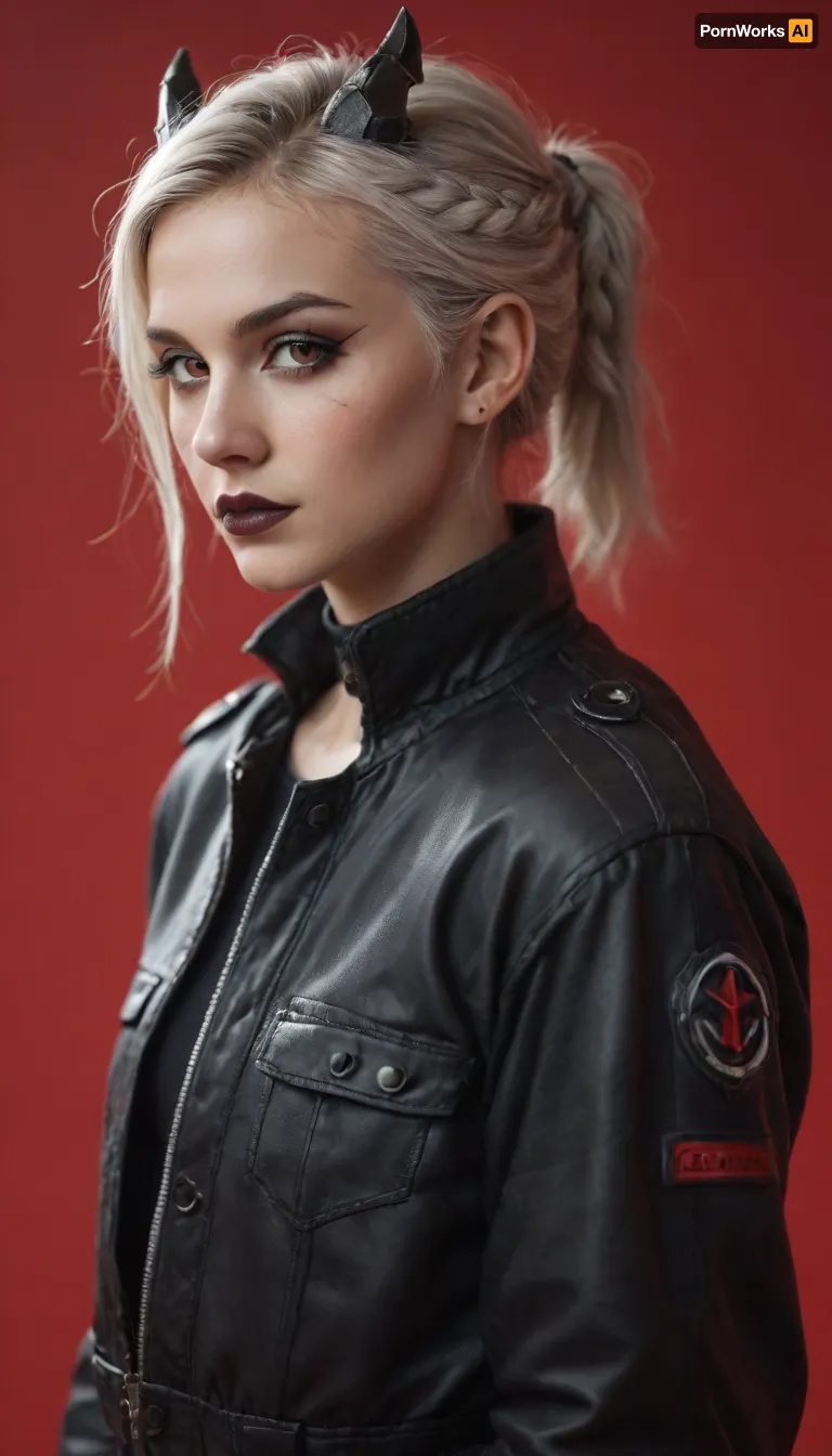 score_9_up, score_9, score_8_up, score_8, score_7_up, score_7, cinematic lighting, raw, high quality, 4k resolution, absurdres, masterpiece, dynamic lighting, high contrast, detailed face, sinozick style, 1girl, solo, (cute), (pale skin:1.2), (red eyes), (black sclera), black makeup, black lipstick, (white hair:1.2), short hairs, braided hairstyle, ponytail hairstyle, looking at viewer, (jacket:1.1), model pose, (cyberpunk horns:1.1), (model pose:1.3), (deep red background), sketchy background