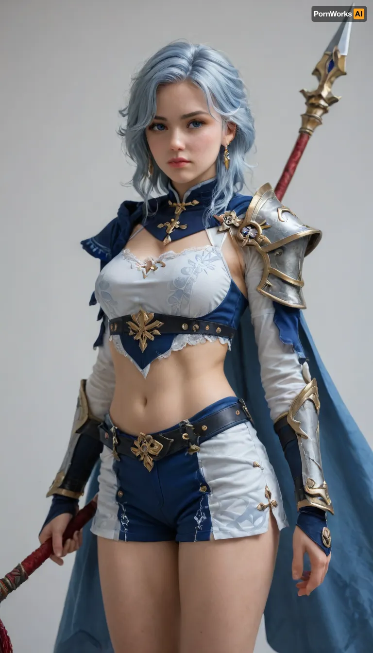 blue anime girl, with a spear, in armor and shorts, in genshin style, on a white background