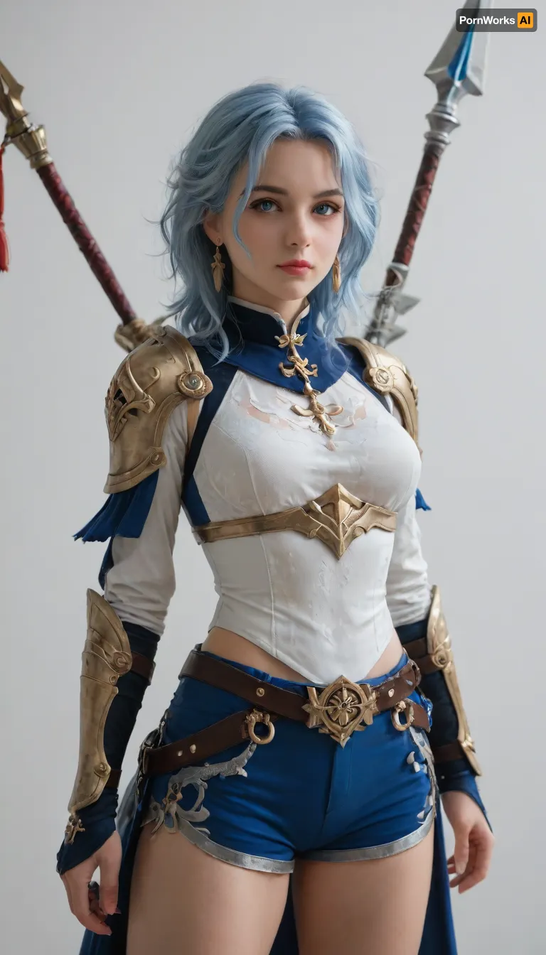 blue anime girl, with a spear, in armor and shorts, in genshin style, on a white background