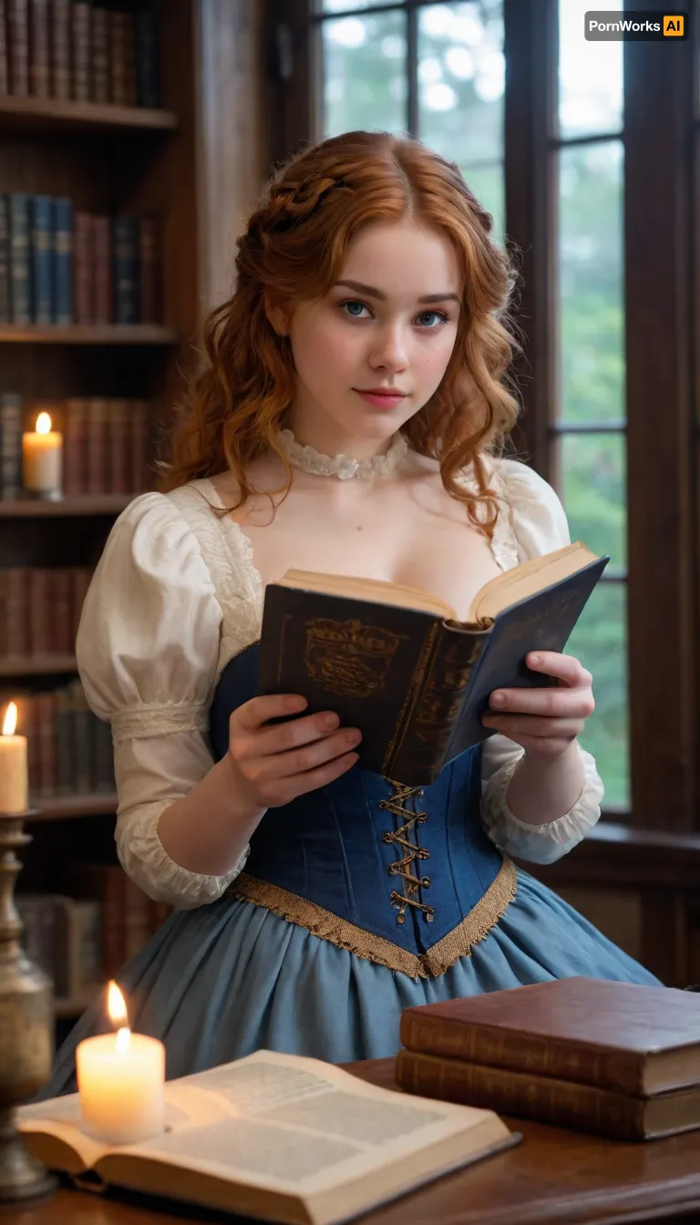 A serene, softly lit library with towering oak bookshelves and the warm glow of candlelight. Dust motes drift lazily in the air, catching the faint shimmer of magic. An enchanting young chubby plump woman with large, blue-grey eyes, (sparkling with curiosity), and voluminous, wavy red hair, (coppery strands catching the light), sits curled in a plush armchair. Her freckled cheeks and delicate features give her an innocent, almost fairy-like charm. She cradles an ancient leather-bound book titled in gilded runes, its pages faintly emitting a soft, pulsating blue light, hinting at the magic within. Her fingertips hover just above the text, as if sensing its energy. Wisps of ethereal mist curl from the pages, dissolving into the air. She wears a cozy, vintage-inspired outfit, a high-collared blouse with lace details and a velvet corset vest, blending fantasy and realism. A warm, diffused glow from a nearby lantern highlights her hair and the book’s radiance, casting delicate shadows. Subtle magical effects, Tiny floating runes or sparks fade in/out of focus near the edges of the frame, enhancing the otherworldly tone. Background is blurred shelves stacked with peculiar artifacts, (crystal orbs, quills that move on their own), suggest a world where magic is real but hidden. A cat with reflective eyes peers from a shadowy corner, watching the chubby young woman with intrigue. Ultra-detailed textures, the frayed edges of the book, individual strands of hair, the weave of her clothing, all rendered in 4K photorealism with a cinematic depth of field. Think a blend of *Studio Ghibli’s* whimsy meets *Alex Ross’s* hyperrealism, with lighting akin to *Greg Rutkowski’s* magical scenes., plump, skindentation, chubby, bbw, venus, body, big, breasts, ass, <lora:Chubby BBW - XL:2>