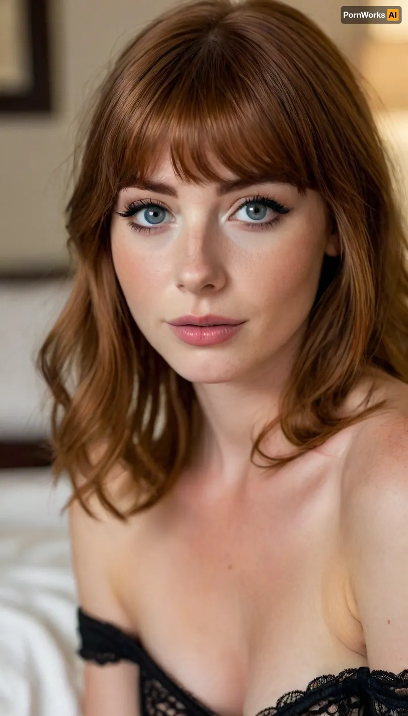 ziprealism, (intimate snapshot esthetic), (sensual woman, sexy lingerie, off the shoulder, teasing cleavage, intimate seduction:1.4), (mischievous smirk, seductive expression, sensual pose), (f/2.8, shallow depth of field, Dutch Angles:1.2), (focus on eyes, perfect eyes:1.2), (subtle bokeh:.4), (vibrant auburn hair with warm highlights, short French Bob cut hair, cute blunt bangs and fringe, voluminous hair:1.6), (large teardrop breasts), (large expressive eyes, perfect eyes, defined jawline, full lips, long face, square jaw, pale skin, soft blush), (cozy bedroom, warm romantic lighting), igbaddie, <lora:igbaddie-XL:.4>, <lora:style_lora_realis:.8>