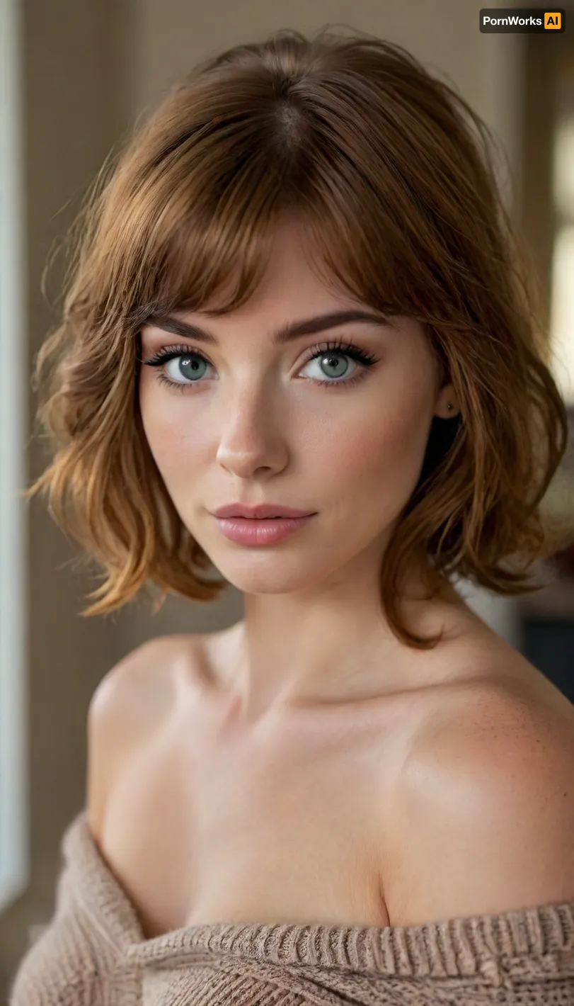 ziprealism, (intimate snapshot esthetic), (sensual woman, comfy sweater, off the shoulder, teasing cleavage, intimate seduction:1.4), (mischievous smirk, seductive expression, sensual pose), (f/2.8, shallow depth of field, Dutch Angles:1.2), (focus on eyes, perfect eyes:1.2), (subtle bokeh:.4), (vibrant auburn hair with warm highlights, short French Bob cut hair, wispy bangs and fringe, voluminous hair:1.6), (large expressive eyes, perfect eyes, defined jawline, full lips, long face, square jaw, pale skin, soft blush), (cozy bedroom, dim lighting, warm romantic lighting), igbaddie, <lora:igbaddie-XL:.4>, <lora:style_lora_realis:.8>