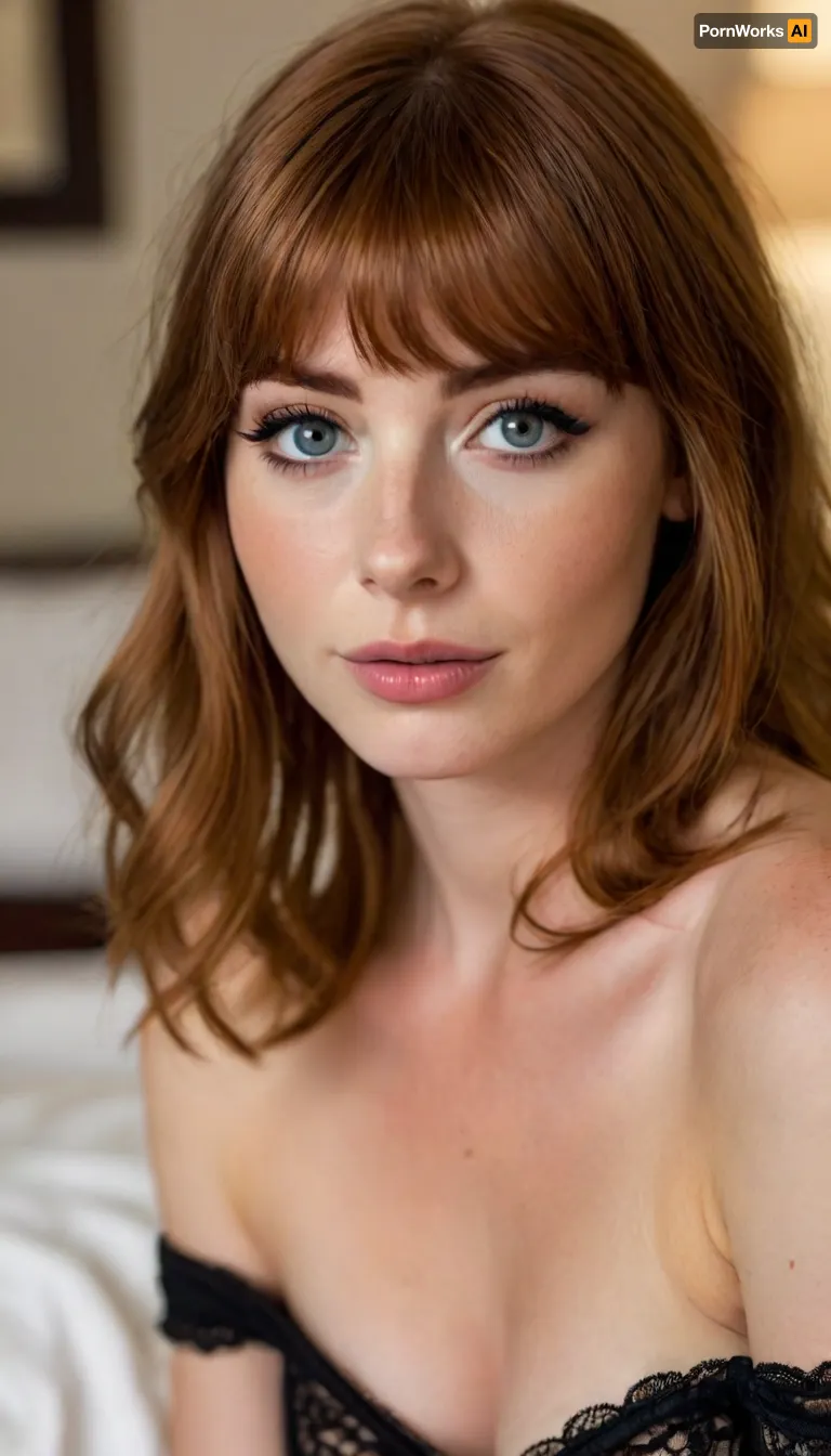 ziprealism, (intimate snapshot esthetic), (sensual woman, sexy lingerie, off the shoulder, teasing cleavage, intimate seduction:1.4), (mischievous smirk, seductive expression, sensual pose), (f/2.8, shallow depth of field, Dutch Angles:1.2), (focus on eyes, perfect eyes:1.2), (subtle bokeh:.4), (vibrant auburn hair with warm highlights, short French Bob cut hair, cute blunt bangs and fringe, voluminous hair:1.6), (large teardrop breasts), (large expressive eyes, perfect eyes, defined jawline, full lips, long face, square jaw, pale skin, soft blush), (cozy bedroom, warm romantic lighting), igbaddie, <lora:igbaddie-XL:.4>, <lora:style_lora_realis:.8>