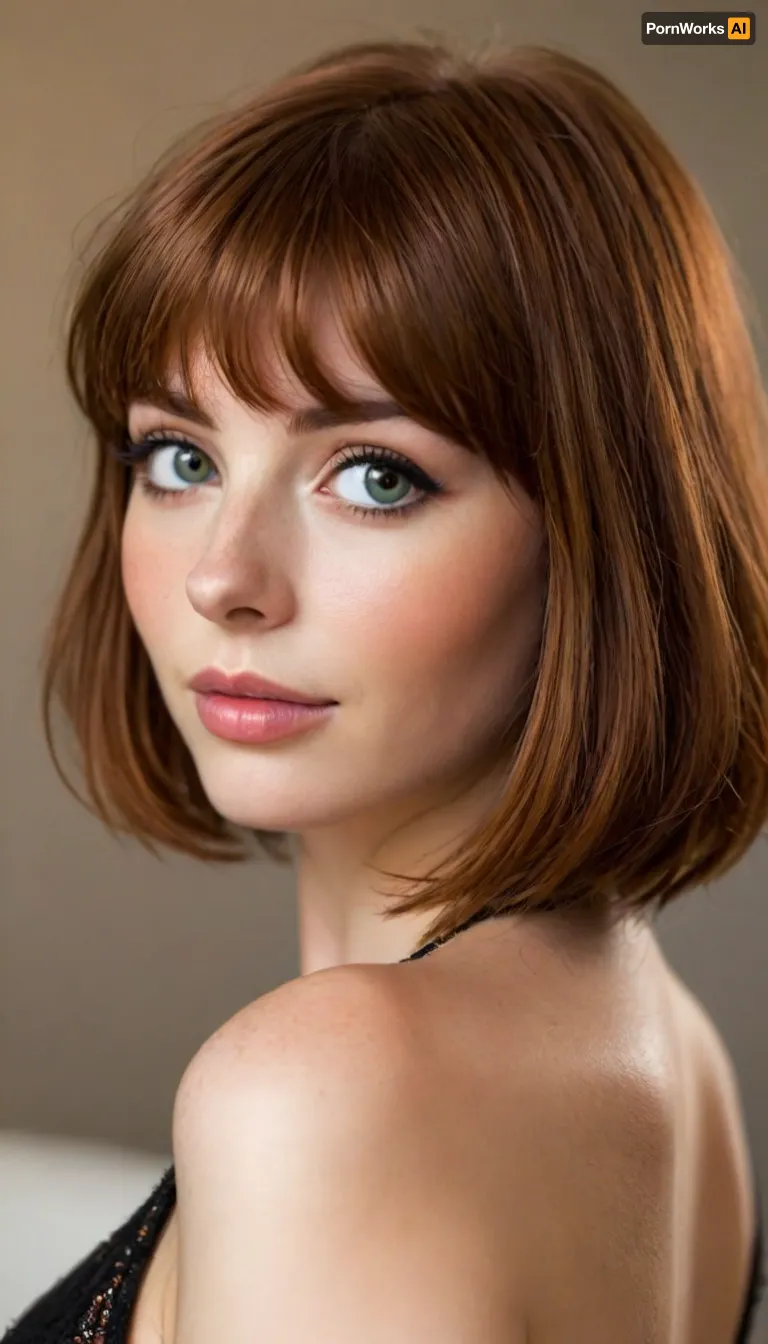 ziprealism, (intimate private snapshot esthetic), (sensual woman, intimate seduction, soft sweet smile, sensual pose:1.4), (f/2.8, shallow depth of field, profile shot, side view:1.2), (focus on eyes, perfect eyes:1.2), (subtle bokeh:.4), (vibrant auburn hair with warm highlights, short French Bob cut hair, cute blunt bangs and fringe, voluminous hair:1.6), (large teardrop breasts, soft pale nipplesslender waist:1.4), (large expressive eyes, perfect eyes, defined jawline, full sensual lips, pale skin, soft blush), (cozy bedroom, warm romantic lighting), igbaddie, <lora:igbaddie-XL:.4>, <lora:style_lora_realis:.8>