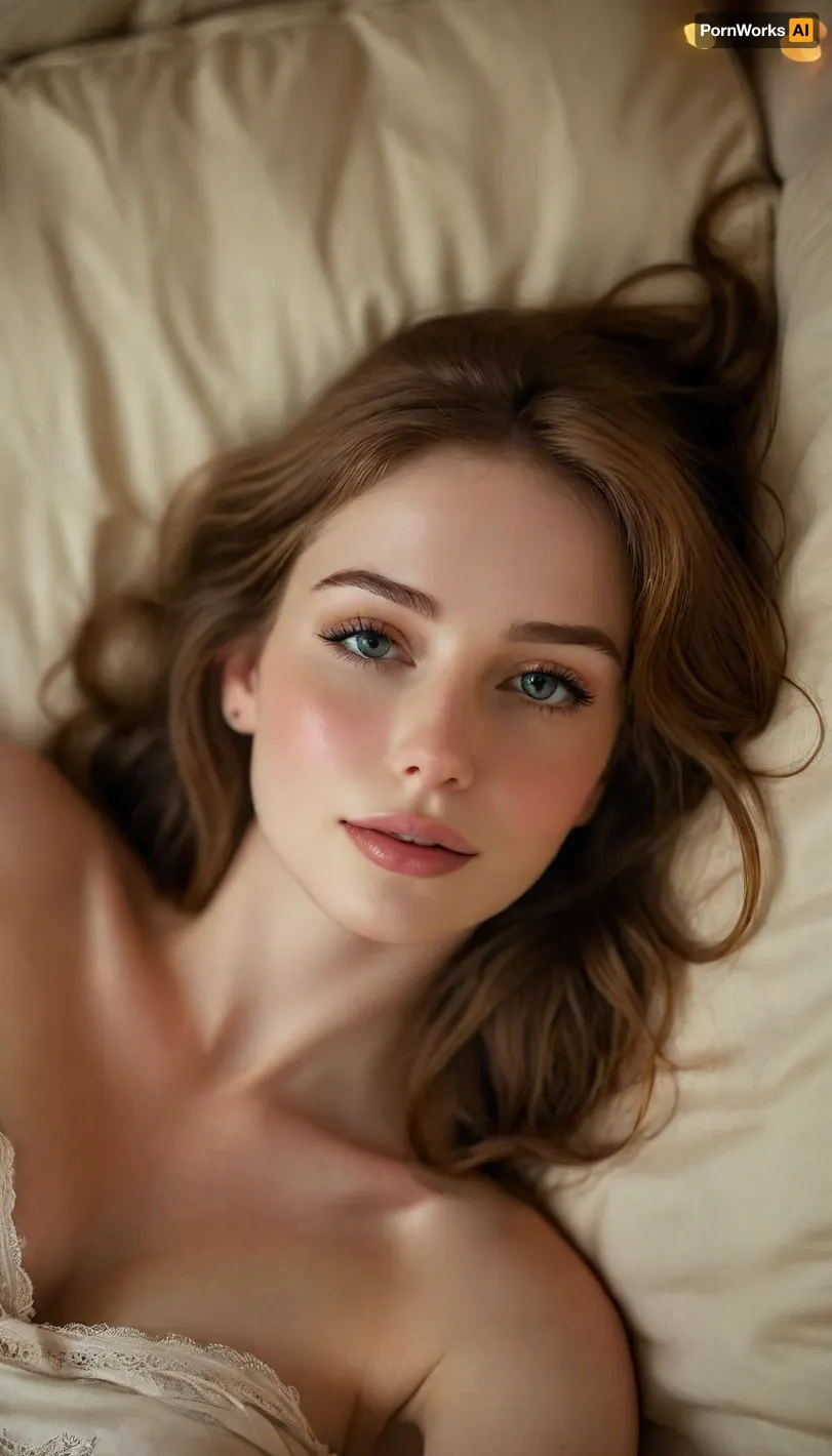 ziprealism, (intimate private snapshot esthetic), (sensual charming woman, intimate seduction, soft sweet smile, sensual pose, bright loving gaze:1.4), (f/2.8, shallow depth of field, Dutch Anglea:1.2), (focus on eyes, perfect eyes:1.2), (subtle bokeh:.4), (vibrant auburn hair with warm highlights:1.2), (soft breasts, pale breasts:1.4), (large expressive eyes, perfect eyes, defined jawline, full sensual lips, cupid bow lips, pale skin, soft blush), (cozy bedroom, warm romantic lighting), (lying on back, on back:1.6), igbaddie, <lora:igbaddie-XL:.4>, <lora:style_lora_realis:.8>