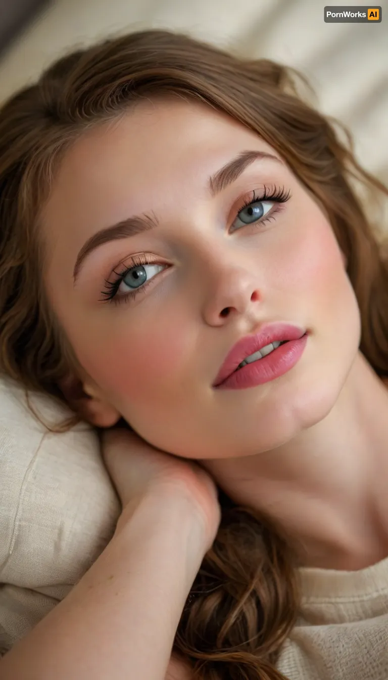 ziprealism, (intimate private moment esthetic), (enchanting charming woman, romantic intimacy, soft sweet grin, sensual pose, warm loving gaze:1.6), (f/2.8, shallow depth of field, Dutch Angles, view from above:1.2), (focus on eyes, perfect eyes:1.2), (subtle bokeh:.4), (vibrant auburn hair with coppery highlights, hair lying loose framing face:1.2), (large expressive eyes, perfect eyes, defined jawline, pale skin, soft blush), (cozy bed, warm romantic lighting), (full sensual lips, cupid bow lips:1.6), (lying on back:1.6), <lora:style_lora_realis:.8>