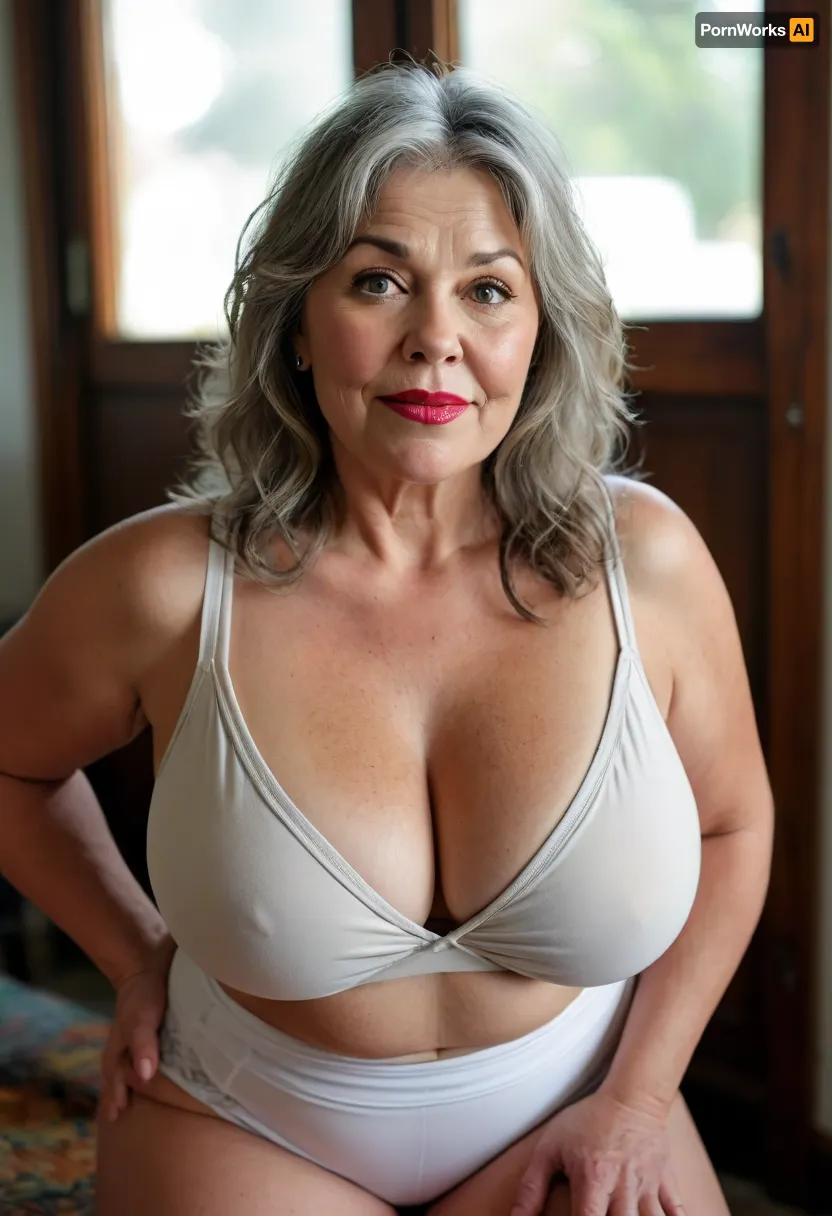 3/4 side view, (masterpiece, best quality:1.2), very plus-size, (gilf:1.4), (((ssbbw))), ((sagging bosom)), mature, 65 years old, gilf, (narrow waist), (cellulite:1.3), solo, detailed eyes, pretty eyes, looking at viewer, eye contact, long thick auburn hair with highlights, straight hair, bangs, slight grey in hair bangs, bright eyes, big eyes, eyes open wide, big lips, lips parted, mouth open, teeth showing, lipstick, smiling, photorealism, dimples, excited expression on face, chubby cheeks, wrinkles, chubby face, portrait, fat bbw, body wrinkles, sagging belly, drooping, saggy, (old breasts, hanging deep, heavy boobs, saggy old boobs, teardrop shaped breasts), (light grey high cut high leg highwaist full coverage fullbrief fullback pantybriefs yoga shorts, sleeveless white v-neck t-shirt, tucked in), Braless, perfect lighting, ((blank dark background)), <lora:MJ52:.8>