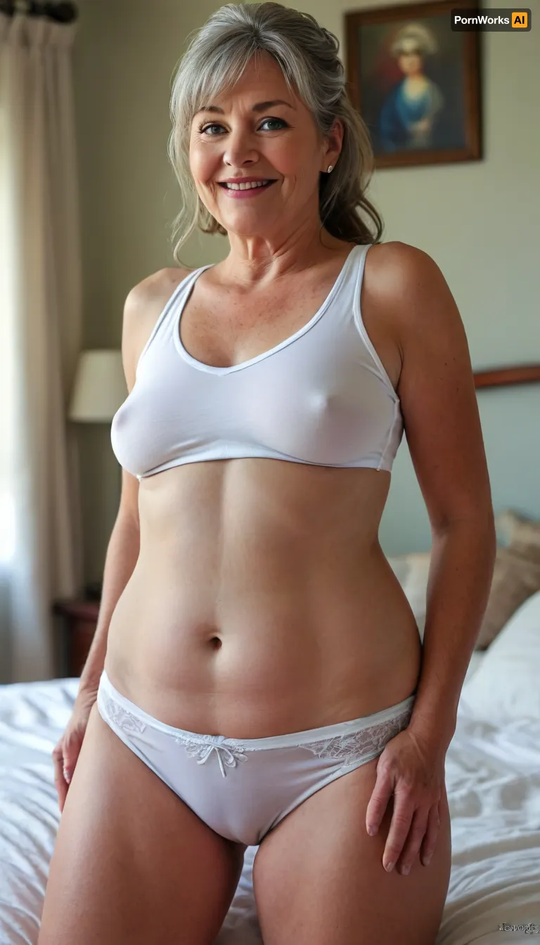 Huge Cameltoe, (masterpiece, best quality:1.2), very plus-size, (gilf:1.3), (((ssbbw))), ((sagging bosom)), 52yo gilf, hourglass figure, fupa, narrow waist, plump pubis, (cellulite:1.3), solo, pretty eyes, thick auburn hair with grey streaks, bright blue eyes, big eyes, eyes open wide, hair in a loose ponytail, bangs, slight grey in hair bangs, smiling, photorealism, perfect face, portrait, braless, Wearing, clothes, that, make, sense, with, fat bbw, body wrinkles, sagging belly, drooping, saggy, (old breasts, hanging deep, heavy boobs, saggy old boobs, teardrop shaped breasts, erect nipples, dark areola), ((white highwaist full coverage fullbrief fullback pantybriefs shorts, white v-neck tank top)), Braless>, sagging, big breasts, well lit bedroom, perfect lighting, bottomheavy, big, ass, huge, gigantic, thick, thighs, massive, <lora:bralessSDXL_v1_00022:.5>, <lora:bottomheavy_v1_sdxl_tags:.8>, <lora:MJ52:.8>