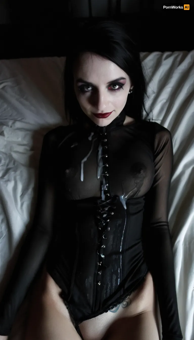 extremely beautiful and slender 25 year old goth cumbucket with big tits lying on the bed after a wild party, a gallon of thick cum has recently been poured over all of her body and face, portrait, from above, looking at the cam, lovely eyes, cute eyes, sexy eyes, sweet eyes, cute smile, tack sharp, ultra realistic, cinematic dark lighting, an interplay of light and shadows, artsy, high cheekbones, (skinny face), (long face), (long skinny nose), ((dark goth makeup)), lots of tattoos, <lora:dark:.8>