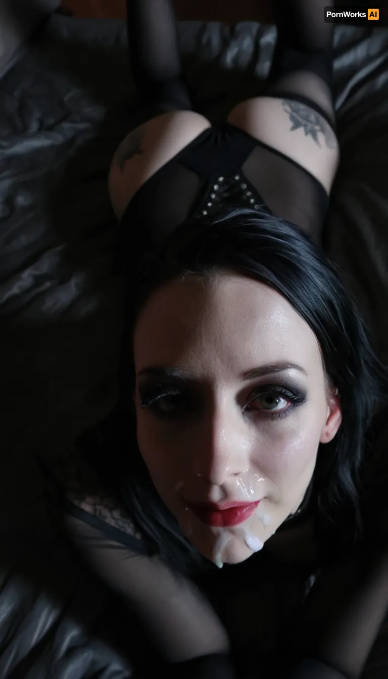 extremely beautiful and slender 25 year old goth cumbucket with big tits lying on the bed after a wild party, a gallon of thick cum has recently been poured over all of her body and face, portrait, from above, looking at the cam, lovely eyes, cute eyes, sexy eyes, sweet eyes, cute smile, tack sharp, ultra realistic, cinematic dark lighting, an interplay of light and shadows, artsy, high cheekbones, (skinny face), (long face), (long skinny nose), ((dark goth makeup)), lots of tattoos, <lora:dark:.8>