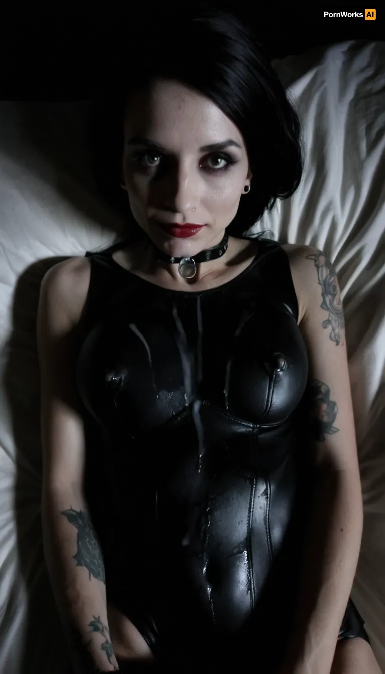 extremely beautiful and slender 25 year old goth cumbucket with big tits uncovered lying on the bed after a wild party, a gallon of thick cum has recently been poured over all of her body and face, portrait, from above, looking at the cam, lovely eyes, cute eyes, sexy eyes, sweet eyes, cute smile, tack sharp, ultra realistic, cinematic dark lighting, an interplay of light and shadows, artsy, high cheekbones, (skinny face), (long face), (long skinny nose), ((dark goth makeup)), lots of tattoos, <lora:dark:.8>