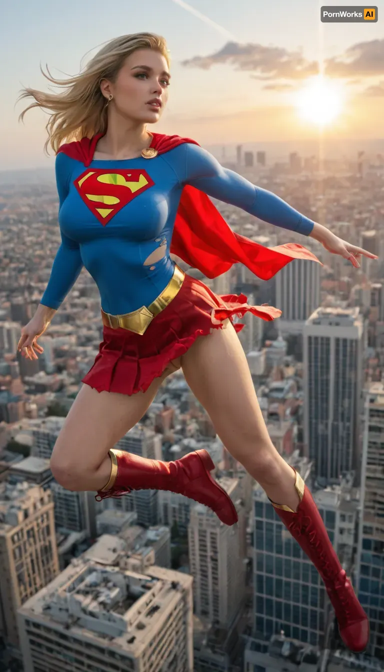 Supergirl, young adult and powerful superheroine, athletic yet feminine build, large bimbo breasts, shaved pussy, long blonde hair, piercing blue eyes, confident and determined expression. Wearing iconic Supergirl costume, blue fitted top with bold red and yellow 'S' emblem, red skirt, red cape billowing in the wind, red boots, golden belt, (torn and ripped suit:1.3), . Dynamic heroic pose, flying above a city skyline, bright sky and sunlight, cinematic, highly detailed, comic book style realism, epic atmosphere.