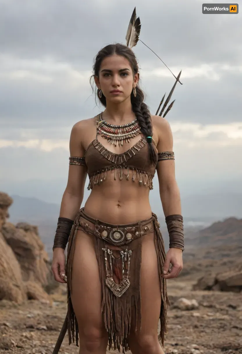 Fierce Native American female warrior, tall and athletic build, strong and graceful, intense determined expression. Long dark braided hair adorned with feathers and beads, war paint markings across her face, piercing dark eyes. Wearing traditional warrior attire, leather armor, fringed garments, decorated with tribal patterns, beads, and animal pelts. Carrying a spear or bow with arrows, tomahawk at her side. Standing proudly on a rocky plain under a dramatic sky, wind blowing through her hair, aura of strength and pride. Cinematic, highly detailed, historical realism, powerful and noble atmosphere.