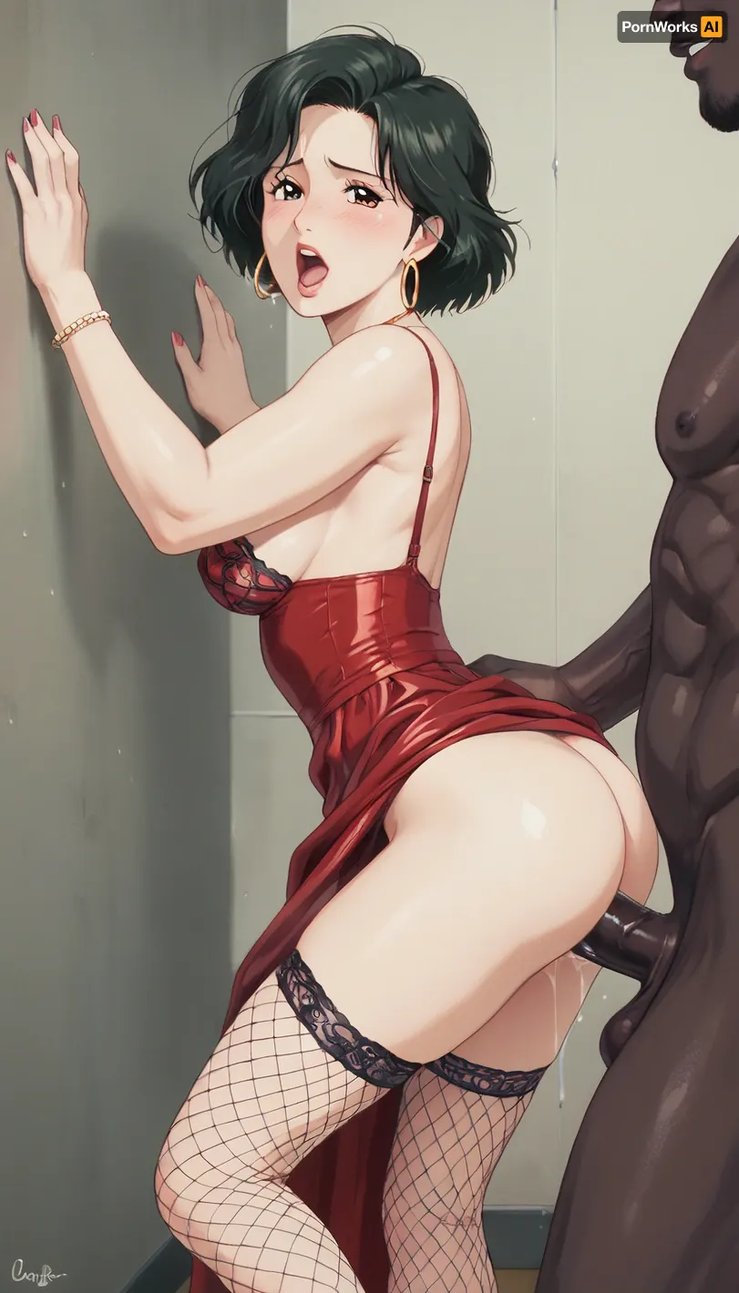 score_9, score_8_up, score_7_up, lingerie, retro dress, fishnet stockings, slut fucked by huge black muscular athlete, (pale skin:1.2), (gigantic muscular black brute:1.2), milf, (interracial:1.3), medium breasts, standing doggystyle, hands on wall, moaning, cartoon, film, photography, light, grain, medium, heavy, <lora:SDXL_FILM_PHOTOGRAPHY_STYLE_V1:.8>, studio, <lora:Ghibli_xl_v2:.8>, ghibli, art, style, <lora:ghibli-style_v0.2:.8>