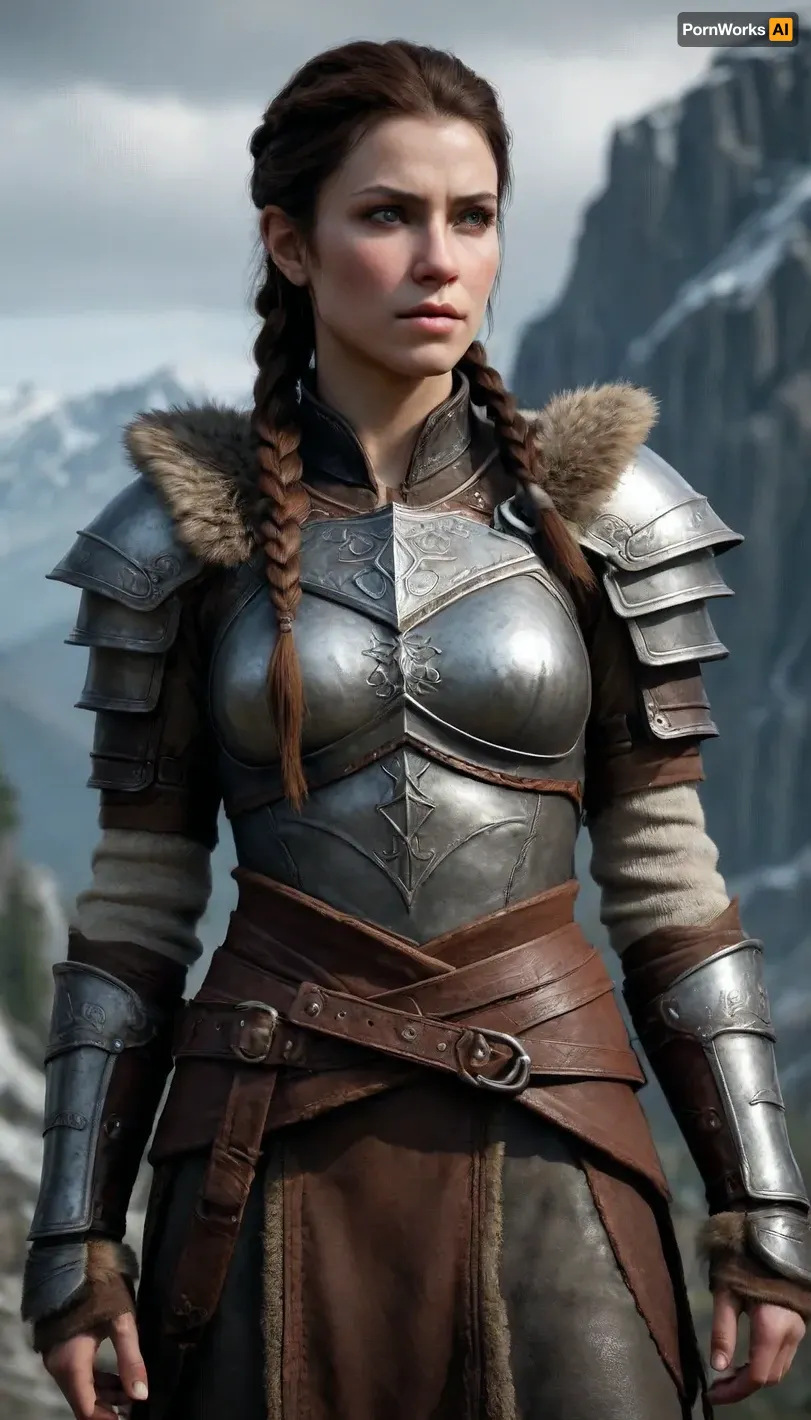 Lydia from Skyrim, loyal Nord housecarl warrior, tall and strong with an athletic build, fair skin, long dark brown hair tied back, stern yet protective expression. Wearing iconic steel Nordic armor with fur accents. Medieval Nordic fantasy setting, Skyrim mountains and stone fortresses in the background, cold misty atmosphere. Cinematic, highly detailed, dark fantasy realism, heroic and stoic presence.