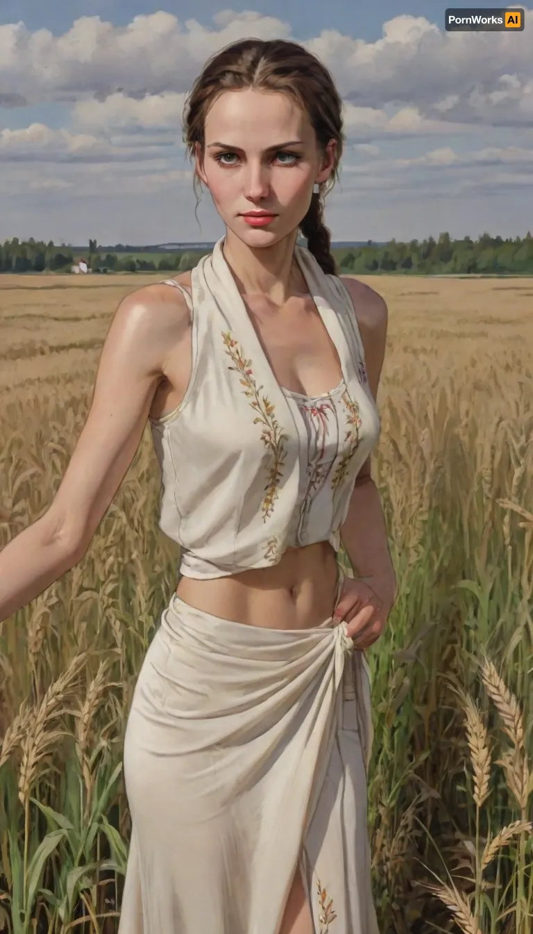 mature women, russian supermodel, detailed eyes, thin eyebrows, no makeup, long natural brown hair, (tall girl), ((skinny body)), (narrow waist), (flat stomach), realistic body proportions, perfect anatomy, good hands with perfect fingers, long skinny legs, thigh gap, big breasts, erected nipples, random pose, unique angle view, A beautiful mature Russian woman in the wheat fields of Tver Russia, during spring. She is wearing elegant, clean, and colorful traditional russian attire, a fitted embroidered vest over a flowing thin white blouse, and a delicately patterned silk scarf loosely draped over her hair. Her hair is braided. Her look is graceful and welcoming. The scene is lush and vibrant — bright wheat fields, soft sunlight glowing through light clouds. The image is cinematic, culturally rich, inviting, perfect for tourism promotion, ((no skirt)), ((bottomless)), Rating_explicit, Source_anime, 80's anime style, (A detailed pencil drawing with clean lines and meticulous shading, sketch of a woman), drawing have delicate shading and intricate details, capturing the essence of the subject with fine pencil strokes, background is simple, allowing the focus to remain on the portrait itself, drawing by NTY, v0ng44g, sk3tch, .8>, ratatatat74, <lora:sketch_it:1.1>, <lora:ratatatat74-000050:.8>, <lora:NEOTOKIOXL_0.2_RC:.8>