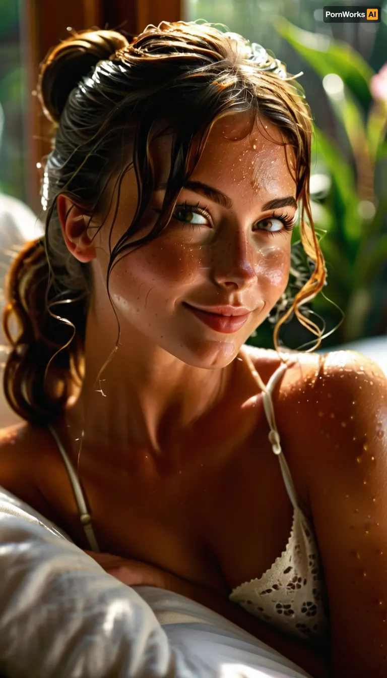 score_9, score_8_up, score_7_up, 8k uhd, hyper realistic, (Greek goddess), queen, looks like Helen Parr from the incredibles, 29 years old, well-build body, medium tits, small lips, lots of freckles face and skin, blush on the checks and nose, (raised nasal tip, upturned button nose, upturned nose, delicate nose, nose), brown wild wet hair with sidelocks, very sexy smile, flirtatious gentle smile, perfect face, perfect eye, well build body, fitness ass, sports legs, very lots of freckles face, very lots of freckles head, very lots of freckles body, sexy, beautifull, deeply seamless tanned, thigh gaps, shaved pussy, with a perfect face, detailed face, (detailed hair, light hairstyle:1.1), no makeup, oiled skin, horny face, cute smile, hypnotized eyes, perfect eyes, very much want have sex, (detailed eyes with blue iris), round breasts, hard nipples, flowing clothes, fully dressed, pussy visible, high ponytail, fancy hairstyle, (laurel crown), (perfect beautiful face), slight smile, on daybed, ((face down ass up)), sunlight coming from behind, oculus, (skylight), backlit, high contrast, (dramatic lighting), outdoors, portrait, close up, <lora:attractive_notrigger:.9>, <lora:Midjourney Image Enhancer XL v1:.5>, <lora:MJ52:.5>, <lora:sunnyrayyxo_v1_SDXLBase:.8>