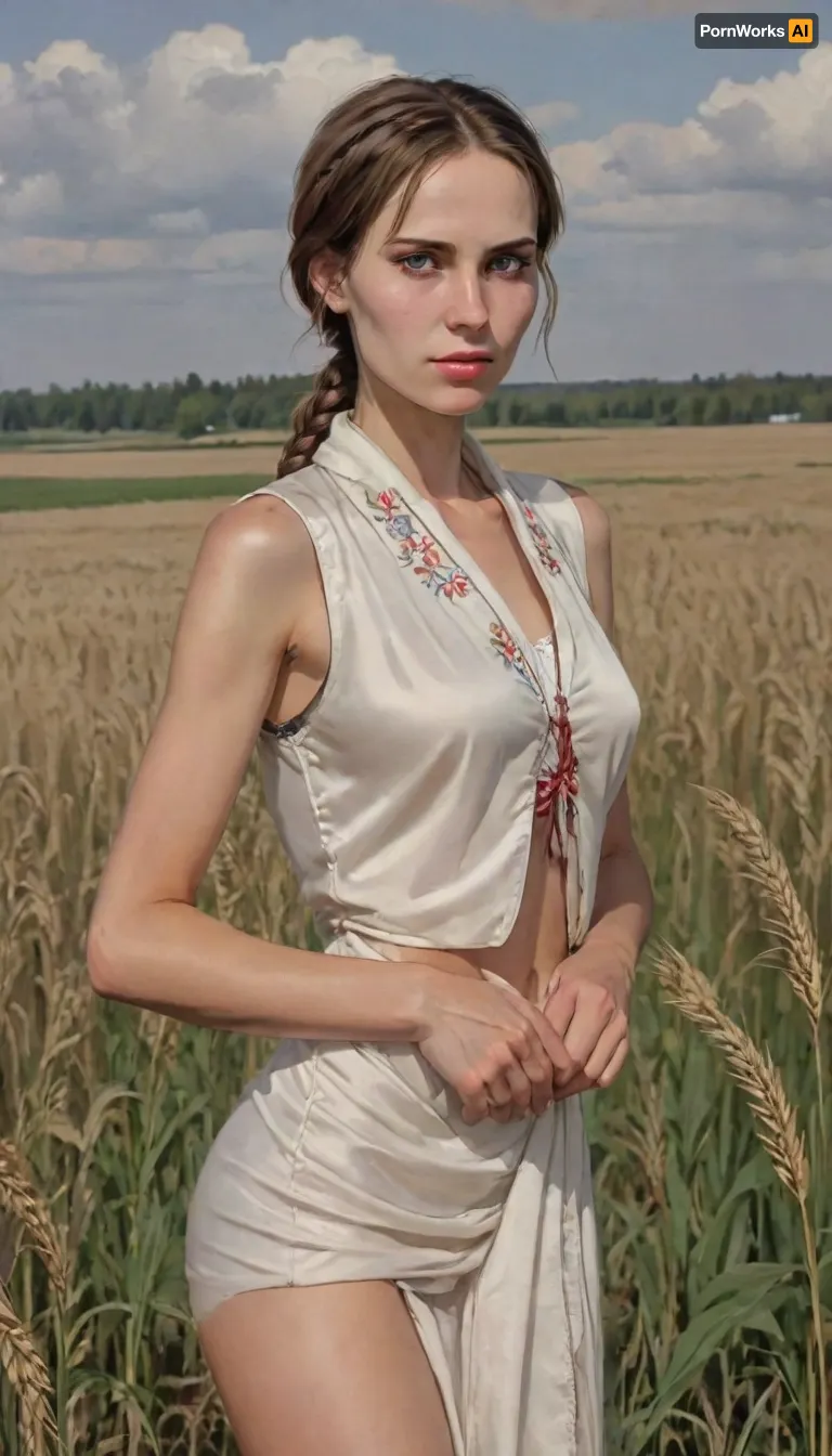 mature women, russian supermodel, detailed eyes, thin eyebrows, no makeup, long natural brown hair, (tall girl), ((skinny body)), (narrow waist), (flat stomach), realistic body proportions, perfect anatomy, good hands with perfect fingers, long skinny legs, thigh gap, big breasts, erected nipples, random pose, unique angle view, A beautiful mature Russian woman in the wheat fields of Tver Russia, during spring. She is wearing elegant, clean, and colorful traditional russian attire, a fitted embroidered vest over a flowing thin white blouse, and a delicately patterned silk scarf loosely draped over her hair. Her hair is braided. Her look is graceful and welcoming. The scene is lush and vibrant — bright wheat fields, soft sunlight glowing through light clouds. The image is cinematic, culturally rich, inviting, perfect for tourism promotion, ((no skirt)), ((bottomless)), Rating_explicit, Source_anime, 80's anime style, (A detailed pencil drawing with clean lines and meticulous shading, sketch of a woman), drawing have delicate shading and intricate details, capturing the essence of the subject with fine pencil strokes, background is simple, allowing the focus to remain on the portrait itself, drawing by NTY, v0ng44g, sk3tch, .8>, ratatatat74, <lora:sketch_it:1.1>, <lora:ratatatat74-000050:.8>, <lora:NEOTOKIOXL_0.2_RC:.8>