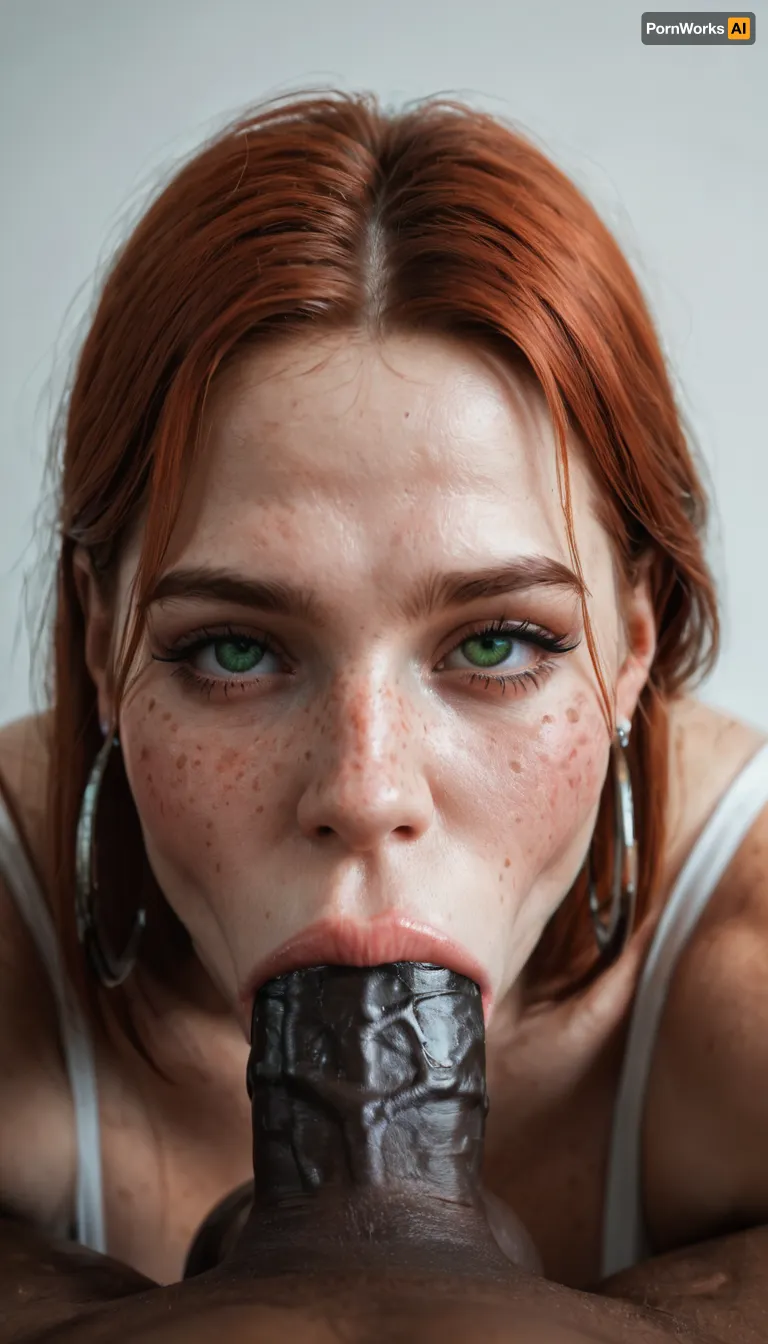 (((Ultra realism))), (1gorgeous woman, 25 years old, red head, beautiful face, freckles, green eyes, Ahegao face, white skin, plump lips), blowjob, (deepthroat:1.3), (huge oversized black penis:1.4), close_up, extremely detailed