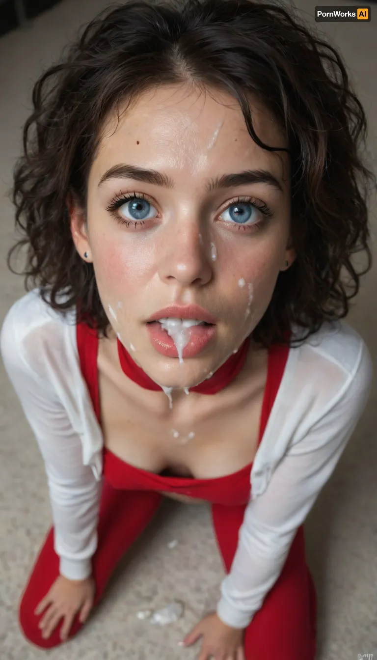 ((25yo cum covered fitness model on her knees)), (girl:1.8), huge cum covered, bukakke, cumshot, cum on face, (black hair), ((skinny face)), ((long black messy after sex hair frames her face)), tousled hair, blue eyes, skinny, perfect body, perfect breasts, looking up at viewer, eye contact, ((wearing a red satin roll neck top with 'cum here' in white writing on front)), long sleeves, surprised, messy updo, red leggings, woman, face, breasts, stomach, covered, in, perfect, facial, pov, tongue, out, open, mouth, closed, eyes, cum, on, cloth, cheekjob, <lora:facialized:.5>