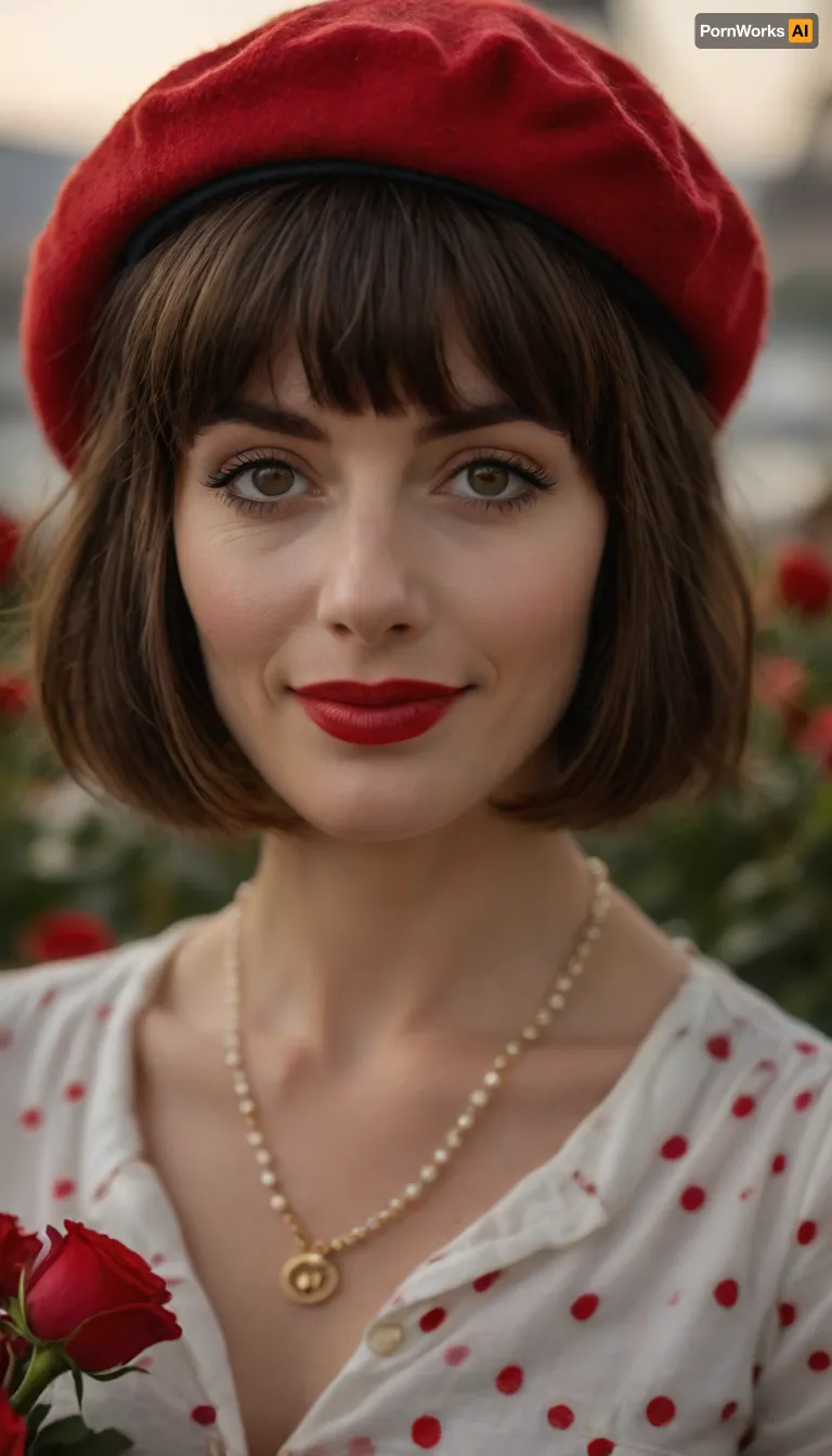 ziprealism, (nostalgic snapshot esthetic), (romantic intimacy, soft wistful smile, focus on eyes:1.6), (adorable French woman, wearing a red beret, tight white blouse with polka-dots, necklace made of red and white roses, perfect posture, prim and proper:1.8), (f/2.8, shallow depth of field, soft desaturated impressionistic lighting:1.2), (subtle bokeh:.4), (rich brunette hair, shaggy French Bob cut hair with blunt bangs, thick voluminous hair:1.8), (large expressive eyes, sad eyes, perfect eyes, pale skin, soft blush), (full sensual lips), <lora:style_lora_realis:.8>