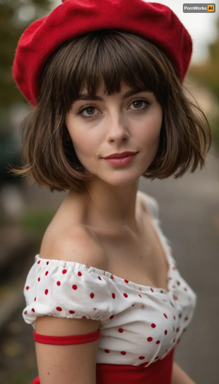 ziprealism, (nostalgic snapshot esthetic), (romantic intimacy, soft regretful smile, focus on eyes:1.2), (adorable French woman, wearing a red beret, tight white blouse with polka-dots, red skirt, perfect posture, prim and proper:1.8), (f/2.8, shallow depth of field, soft de-saturated impressionist lighting, layered composition with subtle foreground, rose petals floating in breeze:1.2), (subtle bokeh:.4), (rich brunette hair, shaggy French Bob cut hair with blunt bangs, thick voluminous hair:1.8), (large expressive eyes, sad eyes, perfect eyes, pale skin, soft blush), (full sensual lips), <lora:style_lora_realis:.8>