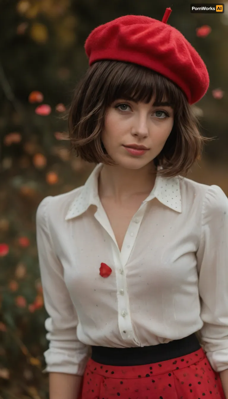 ziprealism, (nostalgic snapshot esthetic), (romantic intimacy, soft regretful smile, soulful eyes, focus on eyes:1.2), (adorable French woman, wearing a red beret, tight collared white blouse with small black polka-dots, red skirt, perfect posture, prim and proper:1.8), (f/2.8, shallow depth of field, de-saturated impressionism, soft lighting, layered composition with subtle foreground, rose petals floating in breeze:1.4), (subtle bokeh:.4), (rich brunette hair, shaggy French Bob cut hair with blunt bangs, thick voluminous hair:1.8), (large expressive eyes, sad eyes, perfect eyes, pale skin, soft blush), (full sensual lips), <lora:style_lora_realis:.8>