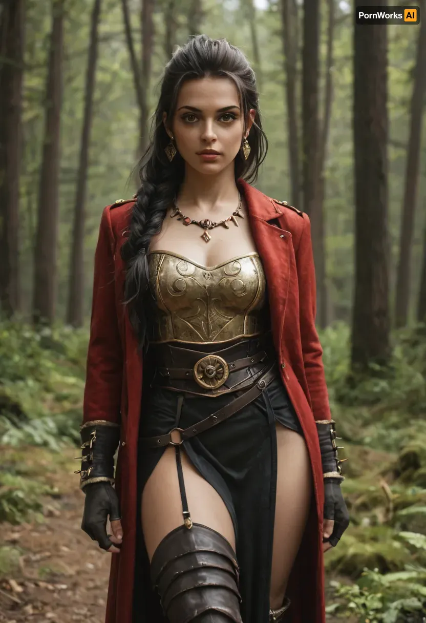 Ezmerelda d’Avenir, late 20s Vistana monster hunter, long dark hair with streaks of color, piercing brown eyes, confident expression, crimson coat with gold embroidery, leather armor, sash at waist, tall boots, prosthetic leg of dark wood and metal, semi-realistic portrait, painterly dramatic lighting, Gothic Barovian forest background.
