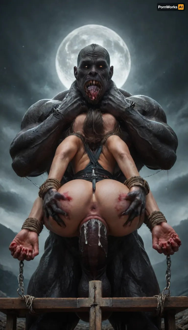 1woman, she-devil, demon, ugly, scary, dark, beast, uneasy, macabre, evil, goddess of hell, demonic, Black, wings, monster, scary creature, apocalypse, rapture, hell, hell on earth, apocolyptic scene of destruction, extremely intricate detail, best quality, view from side, award winning photo, (in a bloody filed after a battle, white full moon in the sky:1.4), (man is choking her from behind:1.4), ((hogtied, bound with large chains, crucified to a torture table, spikes through hands:1.3)), (torture:1.32), (large sharp sword in anus:1.12), cock in mouth, (brutal face fuck), Blowjob, (tears in eyes:1.5), (running makeup), (cum drips from nose:1.3), (cum drips from mouth:1.3), ultra hd, photorealistic, hyper gigantic large black cock in mouth, (((hyper gigantic large black cock in mouth:1.3))), oral cream pie, hair grab, sad crying, tongue out, gasping for air, zavy-brbrn, gangbang, double anal penetration, anal spitroast, groupsex, deepthroat, (4 gigantic African black brute thug, huge trunklike arms, huge head, hyper muscular body, dressed in slave clothes:1.32), ((hogtied, bound for sex, tied up)), (((hyper gigantic large white cock in mouth:1.3))), (pulled nipples:1.2), nipple clamps, (((spitroast))), (((hyper large cock in mouth:1.3))), screaming, shocked, deep anal penetration, Uber realistic, 8k, ultra detailed, masterpiece, arched back, detailxl, 35mm photograph, film, professional, 4k, 1girl, 5 boys, hdr, photographic, ultra realistic, ultra high details, back light, (front view), (dynamic pose), incredibly lean body, anal sex, with large muscular black men, gargantuan black cocks, large hyper muscular fat old men, (double anal sex), swollen white veiny cocks, (double anal penetration), hardcore double penetration, proper physics, big white cocks, muscular white double anal gangbang, (forceful penetrations), extremely graphic, shocked expression, beautiful hands, defeating a woman in combat, fighting, killing, blood, winning fight, magazine cover, Realism_Quality_2xx_By_Stable_Yogi, score_9, score_8_up, score_7_up, (((very pretty face:1.3))), (((extremely ultra detailed face:1.3))), perfect fingers and hands, upper body view, (extreme size difference:1.6), (ultra realistic), (maximum quality), (high resolution), (extreme detail), (ultra realism), UHD, super high quality, highly detailed, high resolution, perfect lighting, natural lighting, (dynamic angle), (random angle), (random pose), (dynamic view), (random view), golden hour, rich details, nature-inspired color palette, <lora:demonXL:2>, <lora:842553_training_data:2>, <lora:DonM3v1lM4dn355XL-v1.1-000012:2>, <lora:DonMD34thM4g1cXL_v3.0-000015:2>, <lora:zavy-brbrn-sdxl:2>