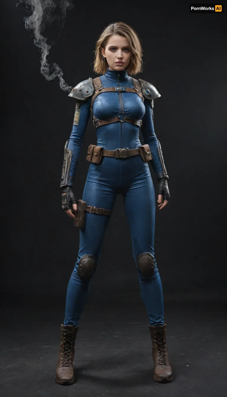 Fallout, Vault Girl, blue jumpsuit with leather shoulder harness and leather protective pads, long legs, symbolism, full-length, sketch, graphic, gray-brown, black background, smoke, cell-shading, traces of movement visualization, acceleration effect, Wet watercolor sketch streaks, Cyberpunk, Grunge, The harsh strokes of eroticart, Arush Votsmush