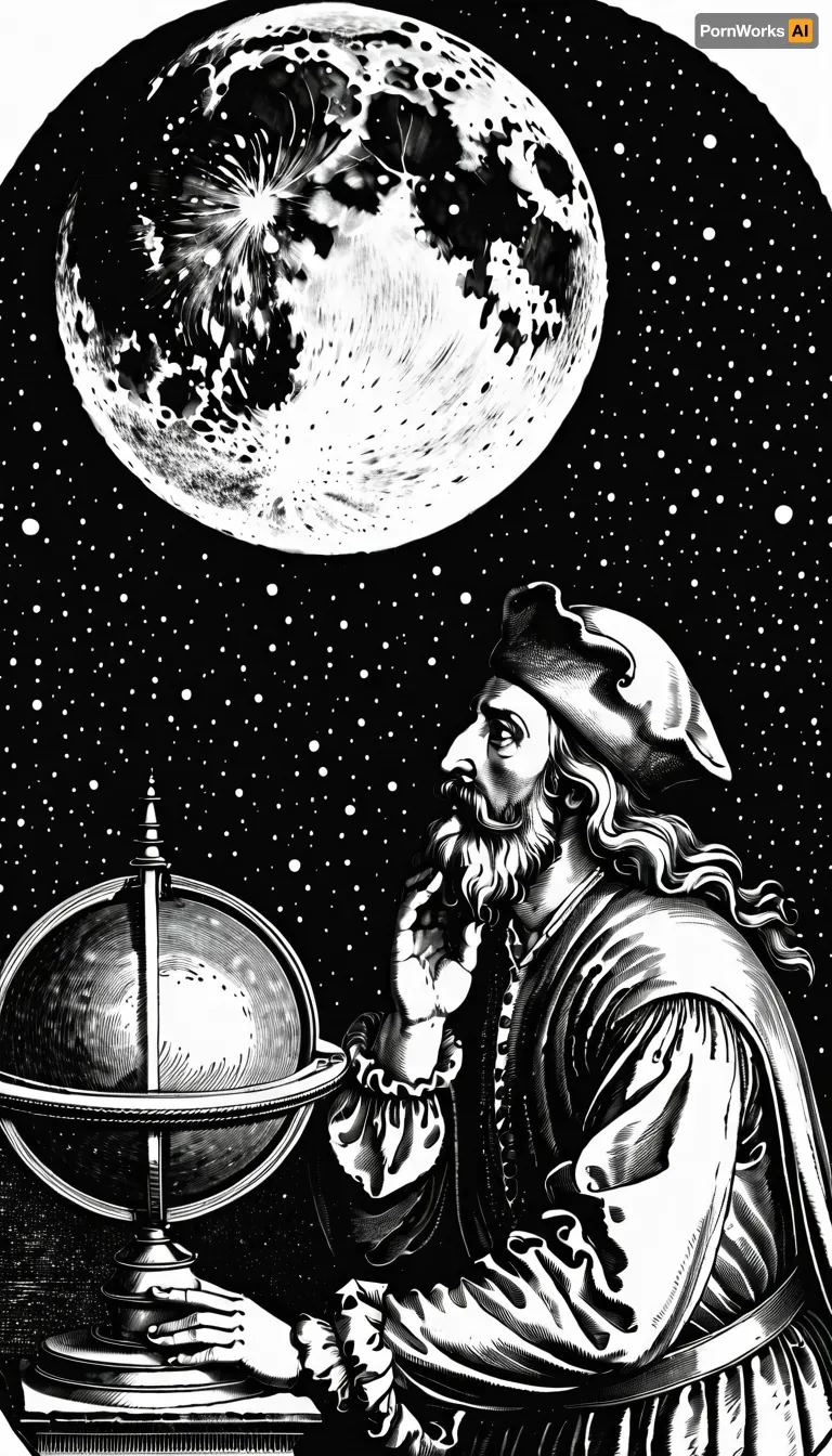 18th century monochrome engraving, an astronomer in an observatory observes a comet, telescope, focus on face, beard, beret, (comet:1.2), moon, zodiac, YFG-Durer, durer, engraving, <lora:DURER-01:.8>
