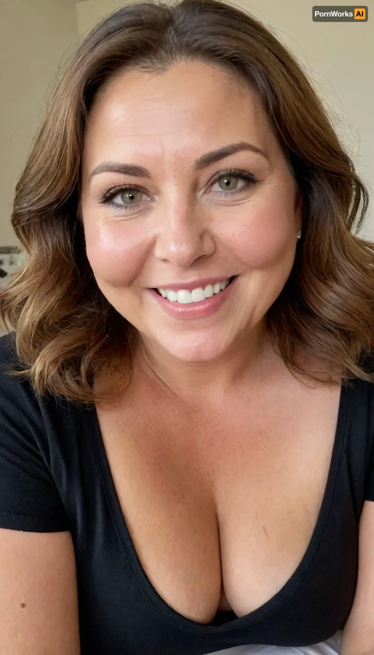 Photo of a fat 60 year old mature brunette woman with beautiful eyes, ((obese)), realistic skin, skin texture visible, (sharp focus), (high quality), (face visible), ((Detailed Face and Eyes)), 8k high definition, ((Greek woman)), long hair, ((light brunette hair)), ((stunningly beautiful woman)), ((sexy woman)), ((black thin low-cut v-neck t-shirt)), ((smiling)), close up, ((leaning towards viewer)), ((saggy)), ((cleavage)), ((pokies)), ((erotic background)), (((perfect lighting))), ((front view)), (((looking at viewer))), (((chubby face:1.3))), (((round face:1.3))), ((mature woman)), (detailed skin texture, skin imperfections), (age-appropriate skin condition, wrinkles, wrinkled skin), downblouse, nipslip, stretch, marks, <lora:add-detail-xl:.8>, <lora:RealDownblouseXL2:1.3>, <lora:stretch_marks:.8>