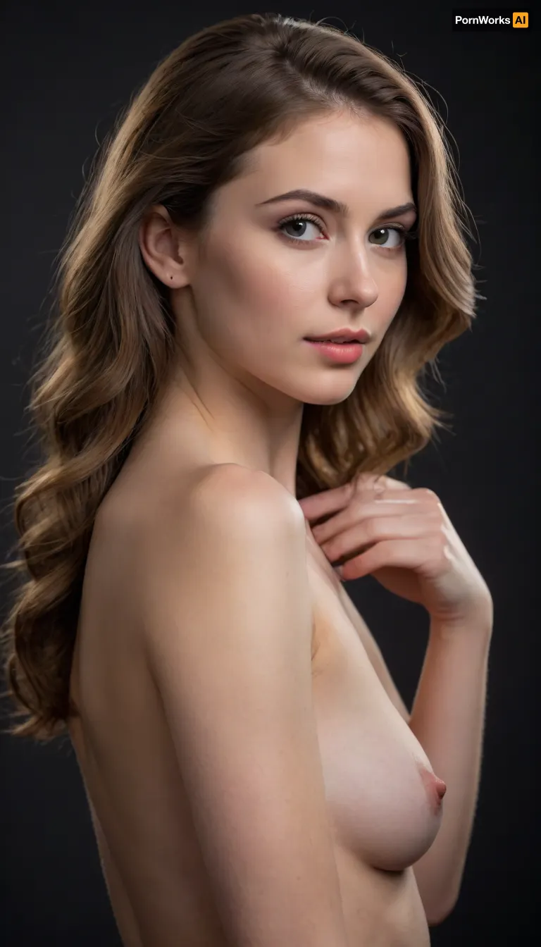 masterpiece, best quality, (ultra-detailed photorealistic nude study of a stunning young woman:1.3), (feminine beauty in profile), (sense of vulnerability, intimacy, soft shy smile, uncertain expression, bashful), (flawless pale skin:1.1), (), minimalist composition, sharp focus at eyes and makeup details, textured dark charcoal grey studio background, subtle vignette, (dramatic cinematic lighting:1.2), strong key light illuminating the face, soft rim light creating difference, deep contrasting shadows, shot on A7R IV with 85mm f/1.4 lens, shallow depth of field, bokeh background, professional color grading, RAW photo quality, 8k UHD, insanely detailed, intricate details, award-winning photography, striking visual contrast, showing small tits
