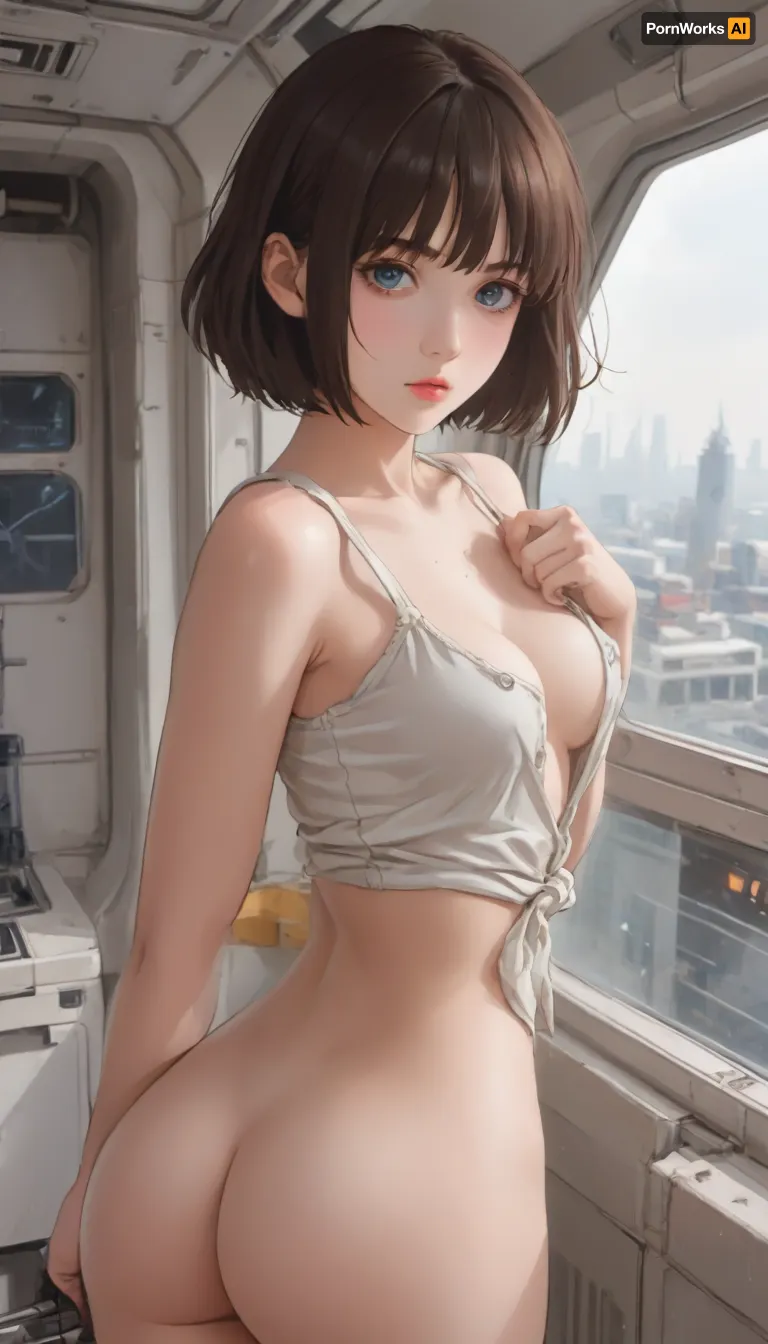 A 18-year-old girl with a short bob haircut, brown hair, blue eyes, a fragile, thin body, and a short stature. Her breasts are medium and firm, and her ass is beautiful and firm. She is wearing a space suit with the top unbuttoned, holding onto a spaceship from the outside, with a background of space and earth., <lora:outline_xl_kohaku_delta_spv5x:1.6>, <lora:NEOTOKIOXL_0.2_RC:.7>, <lora:Ppolar-P3v1-NbVp10:1.6>, <lora:cartoon_stickers_xl_v1:1.2>, <lora:EnvyStylizedXL01:1.8>