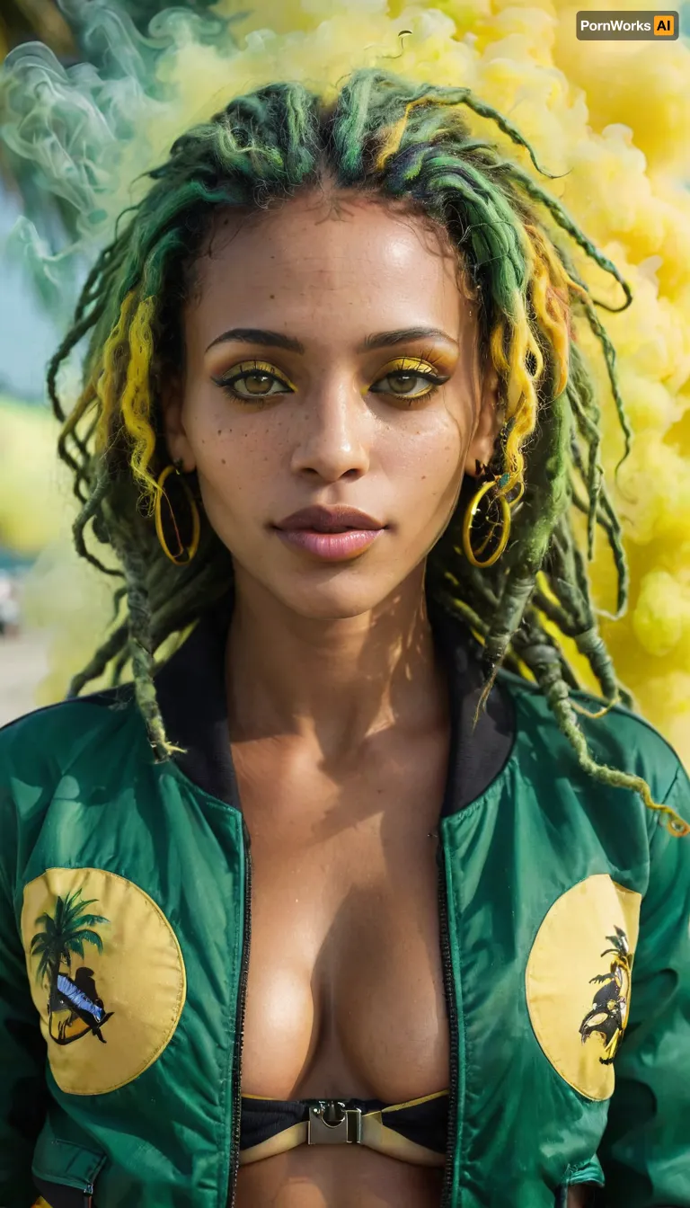 Sitting, a volouptous milf latina goddess, (), (in jamaican flag print zipped jacket with thong), midriff, bellybutton, ((standing in jamaican beach street)), ((reggae drums in background)), with, ((yellow colourful smoke in background:1.3)), (reggae style), oil portrait of a girl with massive bust, 20 year old, (huge rack on body), clothed completely, detailed background, dynamic pose, full body, massive lips, (green dreadlocks hair), (tropical), smile, ((detailed hazel eyes)), freckles, perfect eyes, dark skin tone, detailed skin, cinematic, great shading, moody lighting, (by Hope Gangloff:1), perfecteyes, <lora:lora-sdxl-perfect-eyes:.5>, <lora:add-detail-xl:1>, <lora:xl_more_art-full_v1:.8>, Photography, stvmccrr, style, <lora:stvmccrr:.8>, 4ng3l, face, <lora:SDXL_BetterFaces-LoRA_v1:.8>