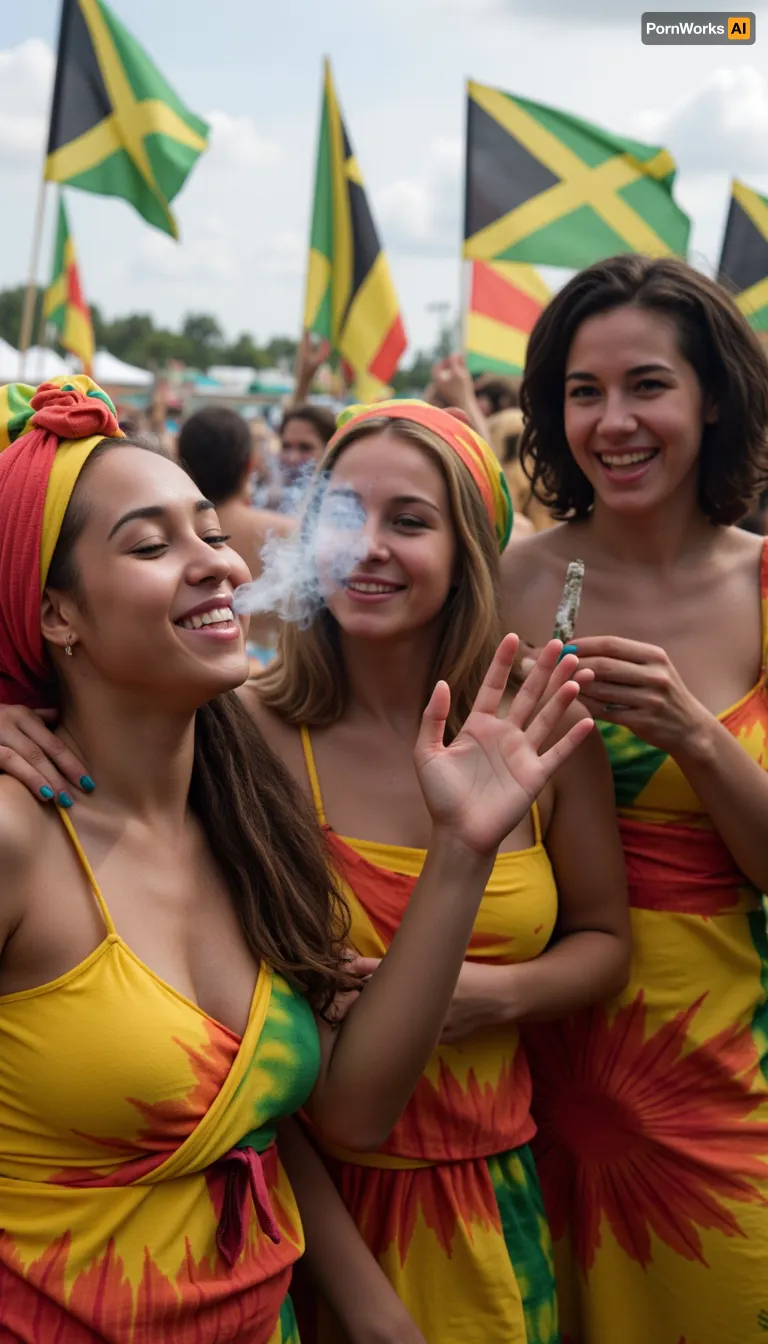 A cluster of women laughing under the Jamaican sun, their vibrant headwraps and tie-dye dresses mirroring the kaleidoscope of reggae flags fluttering behind them. One leans back, eyes half-closed as she exhales a slow curl of ganja smoke that mingles with the hazy golden light, another passes a hand-rolled spliff, her fingers stained with henna while a third tilts her face skyward, dreadlocks spilling over her shoulders as the bassline pulses through the crowded festival grounds. Sweat glistens on their skin like scattered jewels.