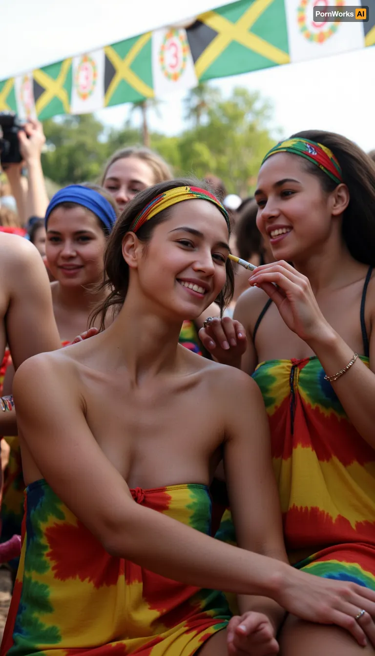 A cluster of women laughing under the Jamaican sun, their vibrant headwraps and tie-dye dresses mirroring the kaleidoscope of reggae flags fluttering behind them. One leans back, eyes half-closed as she exhales a slow curl of ganja smoke that mingles with the hazy golden light, another passes a hand-rolled spliff, her fingers stained with henna while a third tilts her face skyward, dreadlocks spilling over her shoulders as the bassline pulses through the crowded festival grounds. Sweat glistens on their skin like scattered jewels.