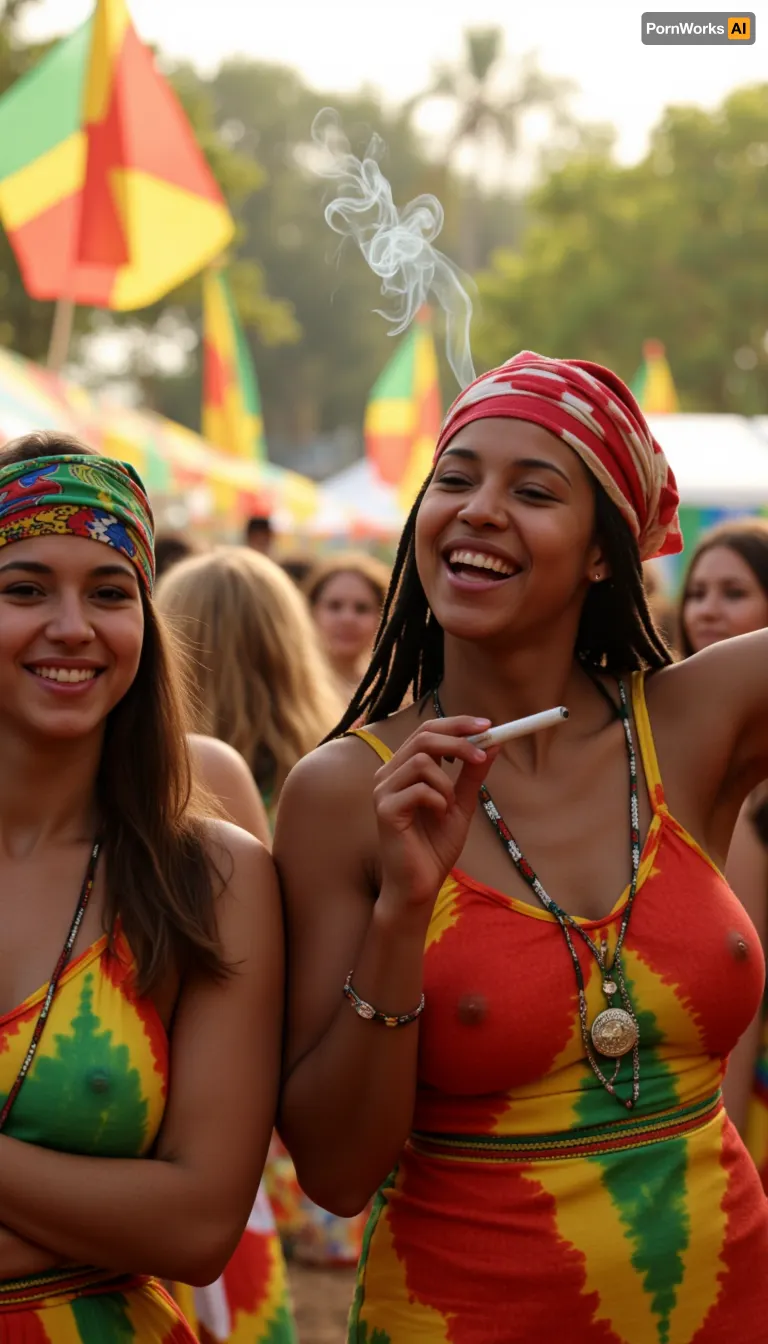 (Masterpiece, 8k, ultra realistic, high quality photography, hdr, High resolution, perfect image composition), A cluster of women laughing under the Jamaican sun, their vibrant headwraps and tie-dye dresses mirroring the kaleidoscope of reggae flags fluttering behind them. One leans back, eyes half-closed as she exhales a slow curl of ganja smoke that mingles with the hazy golden light, another passes a hand-rolled spliff, her fingers stained with henna while a third tilts her face skyward, dreadlocks spilling over her shoulders as the bassline pulses through the crowded festival grounds. Sweat glistens on their skin like scattered jewels