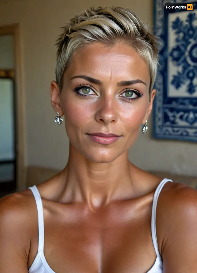 (woman 55 years old, full frontal view, (in front of blue and white azulejos tiles:1), face like brigitte hielsen, very big retrousse tits, wide angle picture, hyperrealistic, cinematic, best quality, 8k, light blonde hair, slicked back hair, feminine elegant pixie mohawk cut hair, warm smile, dark tanned skin, sexy elegant vamp, very fit body, very skinny, basic white linen summer kurta with button placket unbuttoned over the entire length open, extraordinary native american silver jewelry, skin pores, blemishes, wrinkles, wrinkles around eyes, tall, short-cut hair, pixie-cut, buzz-cut, shredded, woman, style, uberfit, dark, skin), (18 year old young man, innocent face), woman kissing young man, french, kiss, but, uberfit, muscular, athletic, <lora:A_SHort_Cut_v3_SDXL:.7>, <lora:Darker_skin_SDXL:.9>, <lora:476613_training_data:1.6>, <lora:BUT_SDXL_SHS:.8>, <lora:uberfit_lora_sdxl:.8>