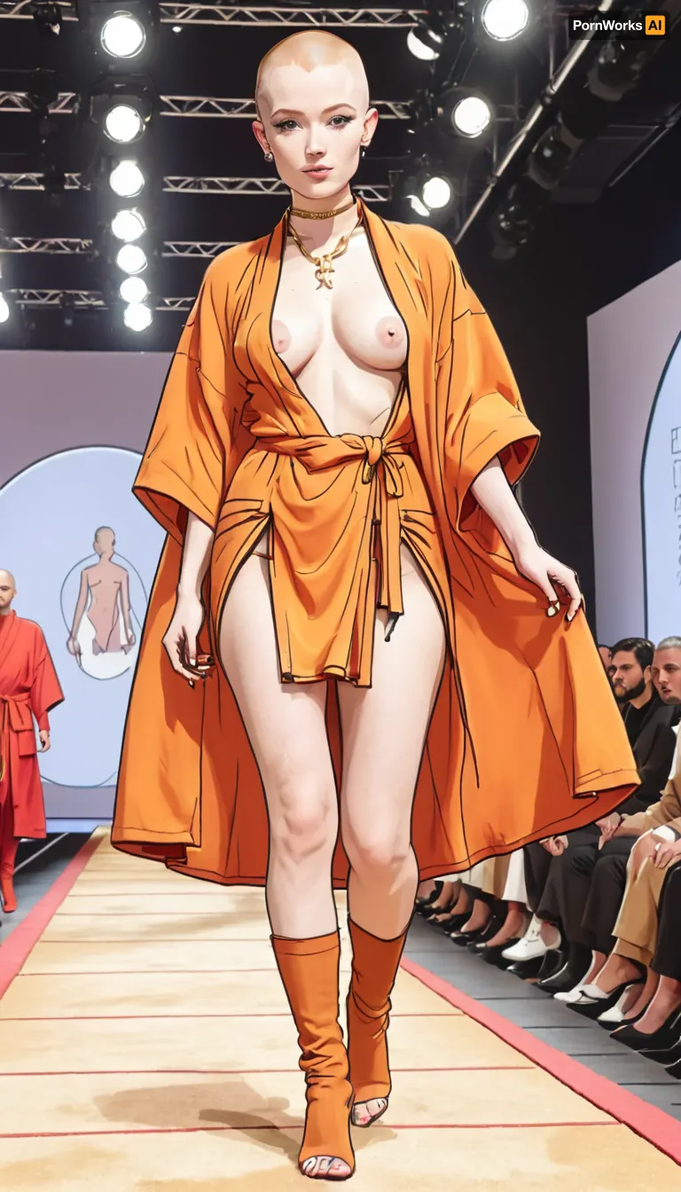 ((Thick outline:1.4), (cartoon style:1.5)), ((Hentai)), lineart, line, art, low angle, (shaved head, in ginger Tibetan robe, perky nipples, sexy walking at catwalk podium, An expensive Milan's high-fashion event, with cameras flashing, crowded hall), wystyle, <lora:cartoon_stickers_xl_v1:.7>, <lora:outline_xl_kohaku_delta_spv5x:1.6>, <lora:NEOTOKIOXL_0.2_RC:.5>, <lora:望月style:1.8>