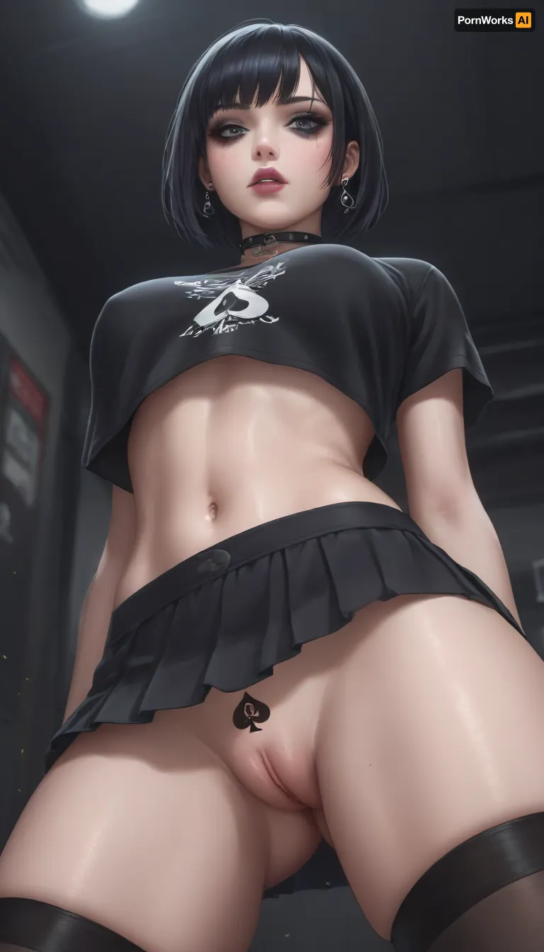 Voluptuous, Emo girl, queen of spades tattoo above pussy, perfect eyes, expressive, raw, defiant, emotional, grunge, DSLR, wide-angle, dusk, candid portrait, color, high, soft ambient light, poofy, hair, eyeliner, emo, sexy makeup, goth, <lora:scene:.8>