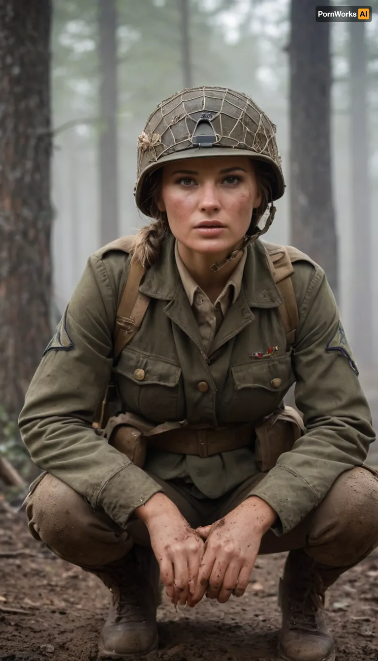 Beautiful female WWII American paratrooper, strong and determined with an athletic build. Wearing authentic World War II paratrooper uniform, M1942 paratrooper jacket, web gear, grenades, boots, and jump helmet with netting. Face smeared with mud and camouflage paint, hair tucked under helmet, expression fierce but compassionate. Armed with an M1A1 carbine, standing in the ruined streets of Normandy or a foggy forest after a drop, tracer fire in the distance. Ultra-realistic cinematic war photography style, highly detailed, muted gritty colors, dramatic lighting, atmosphere of courage and sacrifice.
