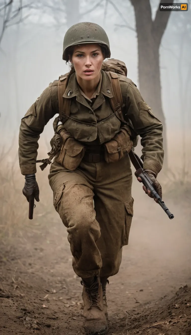 Beautiful female WWII American paratrooper, strong and determined with an athletic build. Wearing authentic World War II paratrooper uniform, M1942 paratrooper jacket, web gear, grenades, boots, and jump helmet with netting. Face smeared with mud and camouflage paint, hair tucked under helmet, expression fierce but compassionate. Armed with an M1A1 carbine, standing in the ruined streets of Normandy or a foggy forest after a drop, tracer fire in the distance. Ultra-realistic cinematic war photography style, highly detailed, muted gritty colors, dramatic lighting, atmosphere of courage and sacrifice.