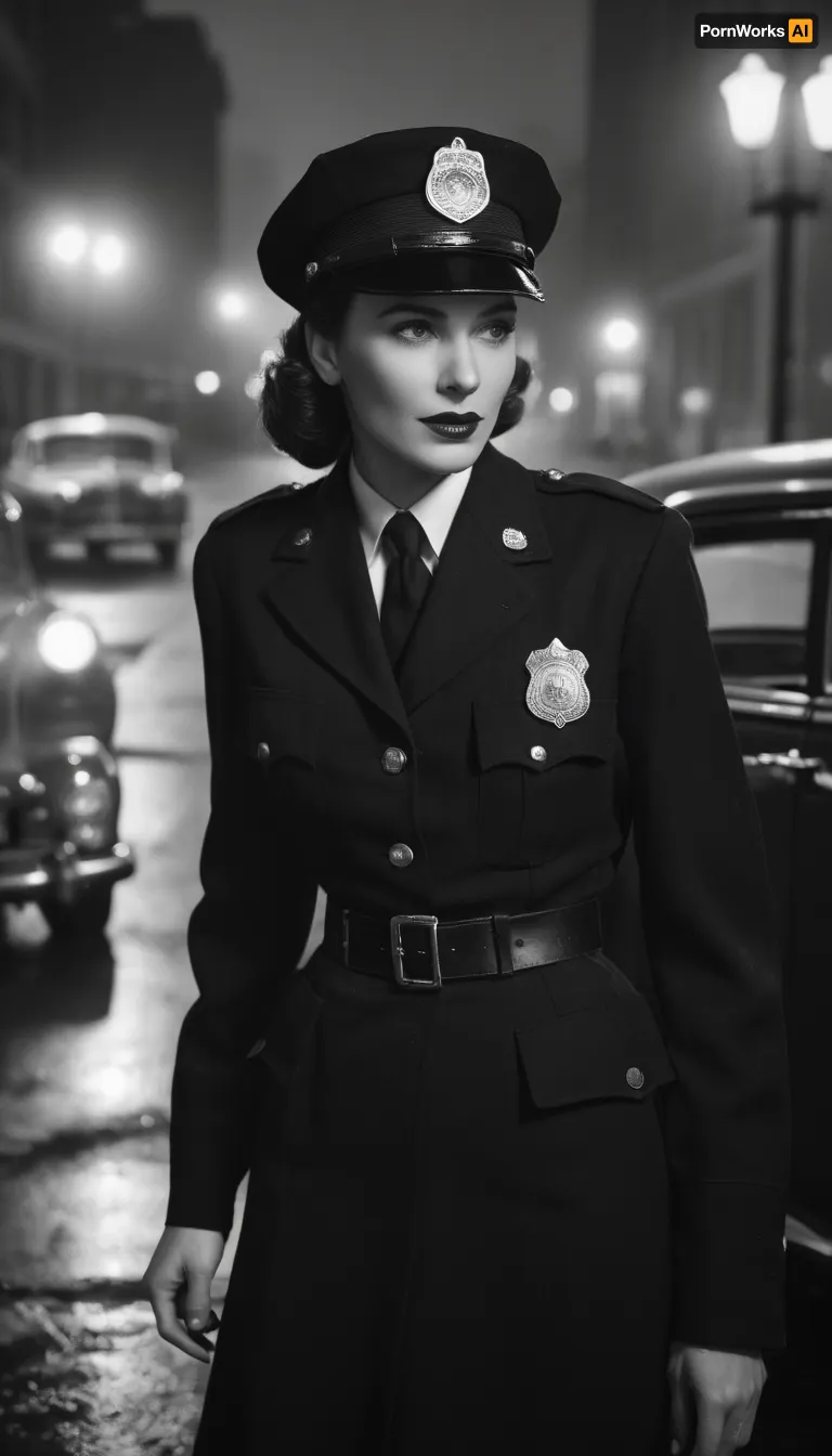 (Monochrome photograph:1.5), Beautiful female 1940s Chicago police officer, confident and composed with classic mid-century elegance. Slim but strong build, fair skin, bold lipstick, neatly styled 1940s hair tucked under a police cap. Wearing an authentic 1940s Chicago police uniform, navy jacket with brass buttons, badge pinned to chest, skirt or slacks with leather belt and holster. Standing on a rainy Chicago street at night beside a vintage patrol car, smoke rising from a manhole. Shot in authentic 1940s photography style, black and white, (grainy film texture:1.3), subtle sepia tones, soft focus, dramatic noir lighting, realistic period accuracy.