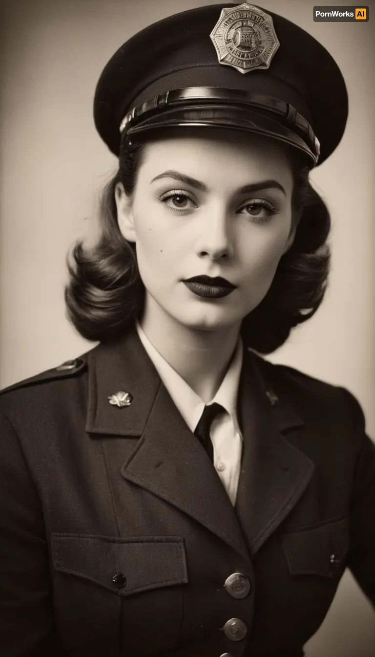 (Monochrome photograph:1.5), (film grain:1.5), Beautiful female 1940s Chicago police officer in a vintage police mugshot style photo. Slim but strong build, fair skin, bold lipstick, hair neatly styled in 1940s waves under a tilted police cap. Wearing an authentic 1940s Chicago police uniform, navy jacket with brass buttons and badge. Shot up against a plain wall with height chart markings, holding a vintage mugshot placard with serial numbers. Black and white photography, grainy 1940s film texture, harsh flash lighting, slightly faded and worn look, authentic period accuracy.