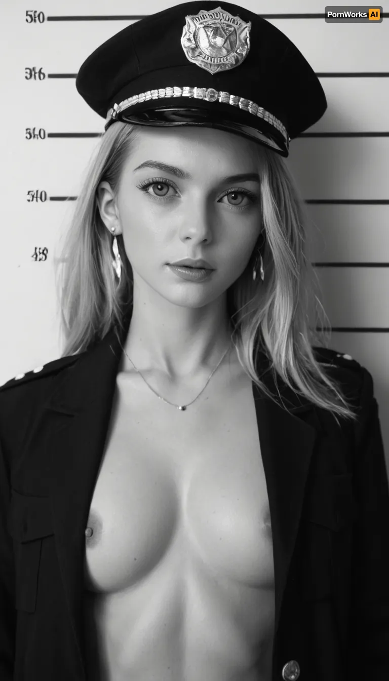 (Monochrome photograph:1.5), (film grain:1.5), Beautiful female 1940s Chicago police officer in a vintage police mugshot style photo. Slim but strong build, fair skin, bold lipstick, hair neatly styled in 1940s waves under a tilted police cap. Wearing an authentic 1940s Chicago police uniform, navy jacket with brass buttons and badge. Shot up against a plain wall with height chart markings, holding a vintage mugshot placard with serial numbers. Black and white photography, grainy 1940s film texture, harsh flash lighting, slightly faded and worn look, authentic period accuracy.